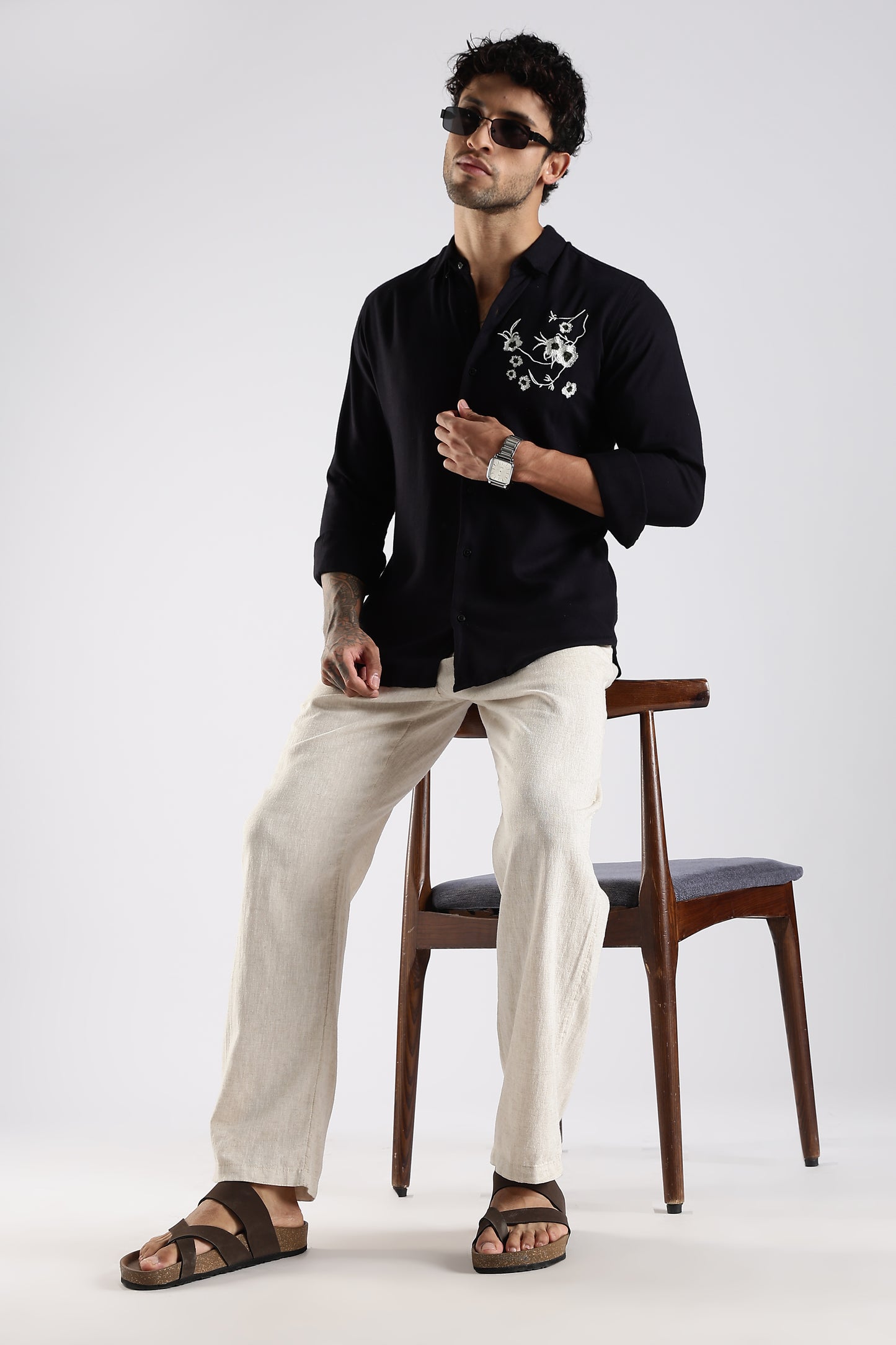 Regular Fit Embroidery Linen Blend Designer Black Shirt