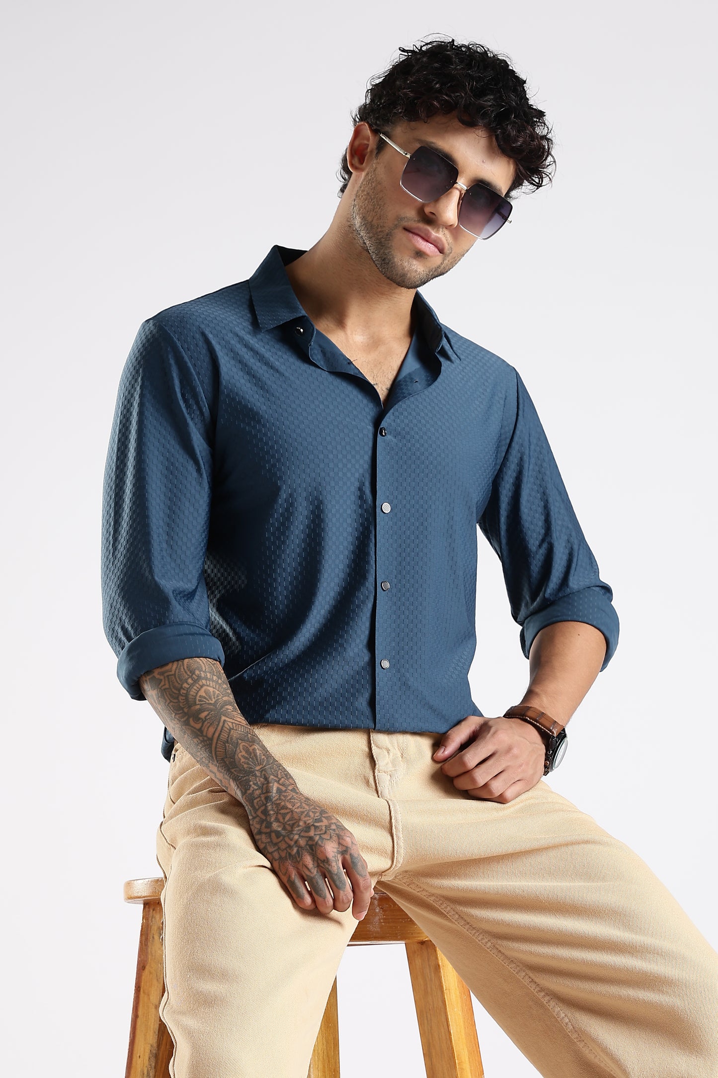 Regular Fit Stitchless Imported Designer Teal Blue Shirt