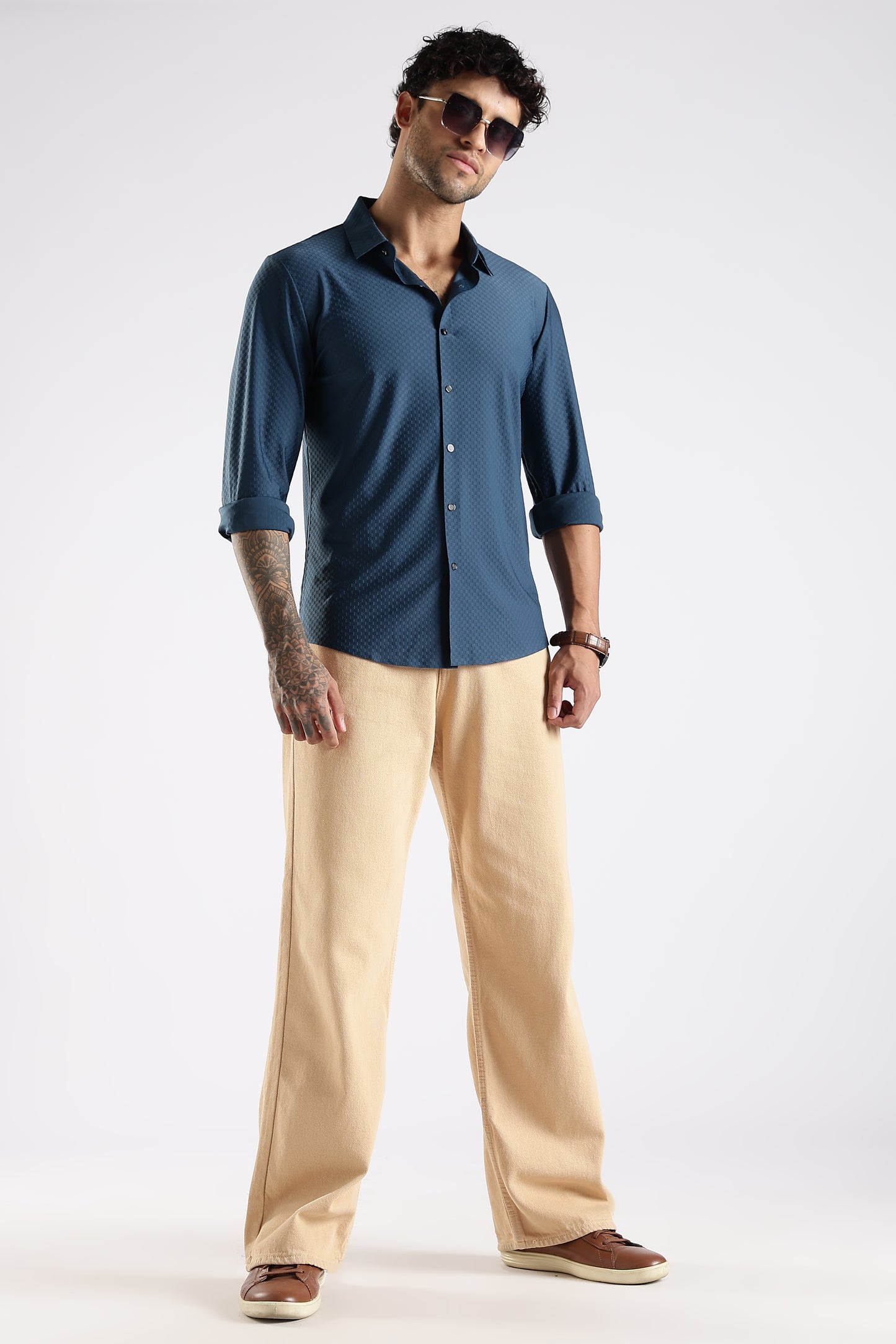Regular Fit Stitchless Imported Designer Teal Blue Shirt
