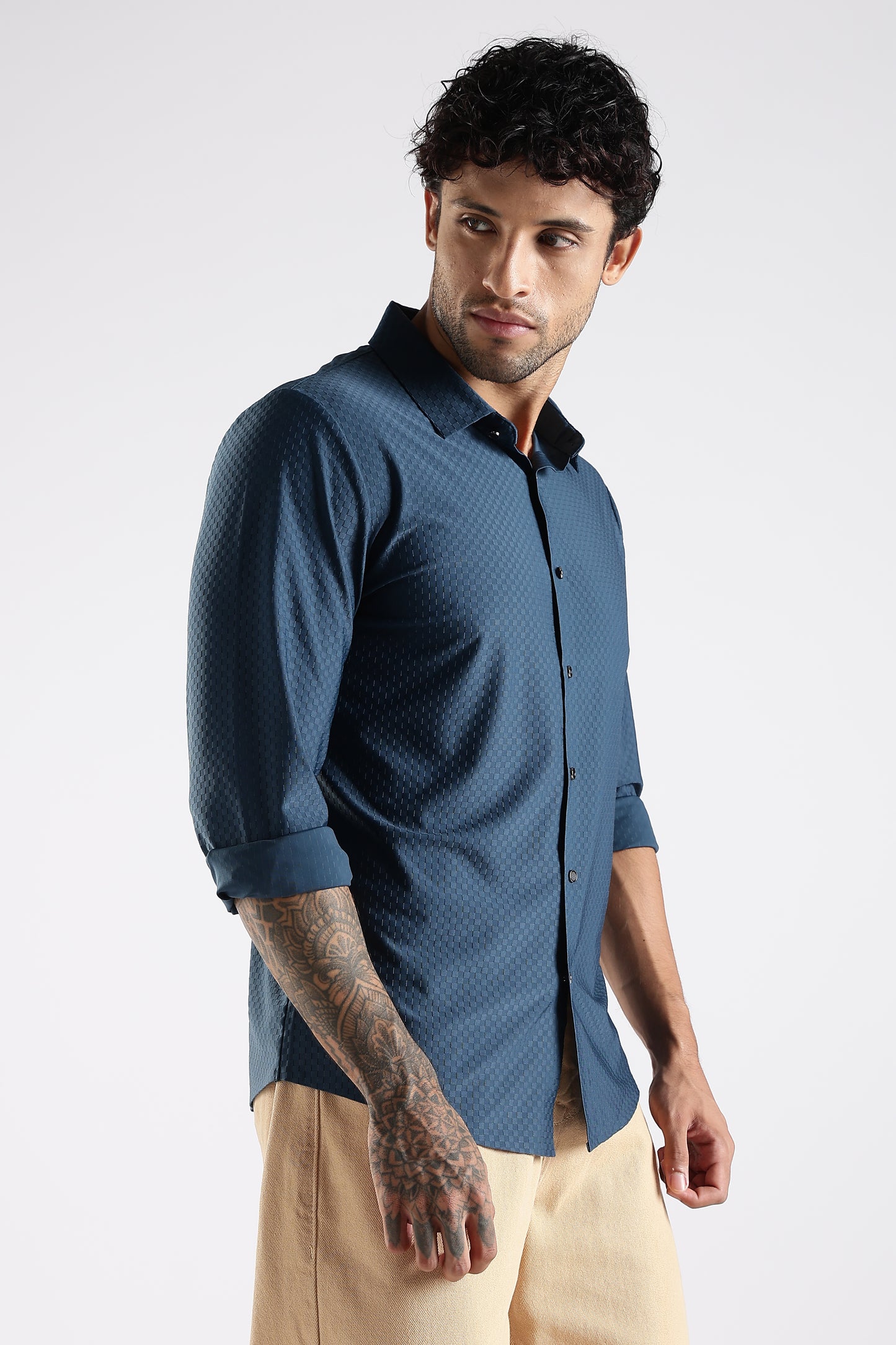 Regular Fit Stitchless Imported Designer Teal Blue Shirt