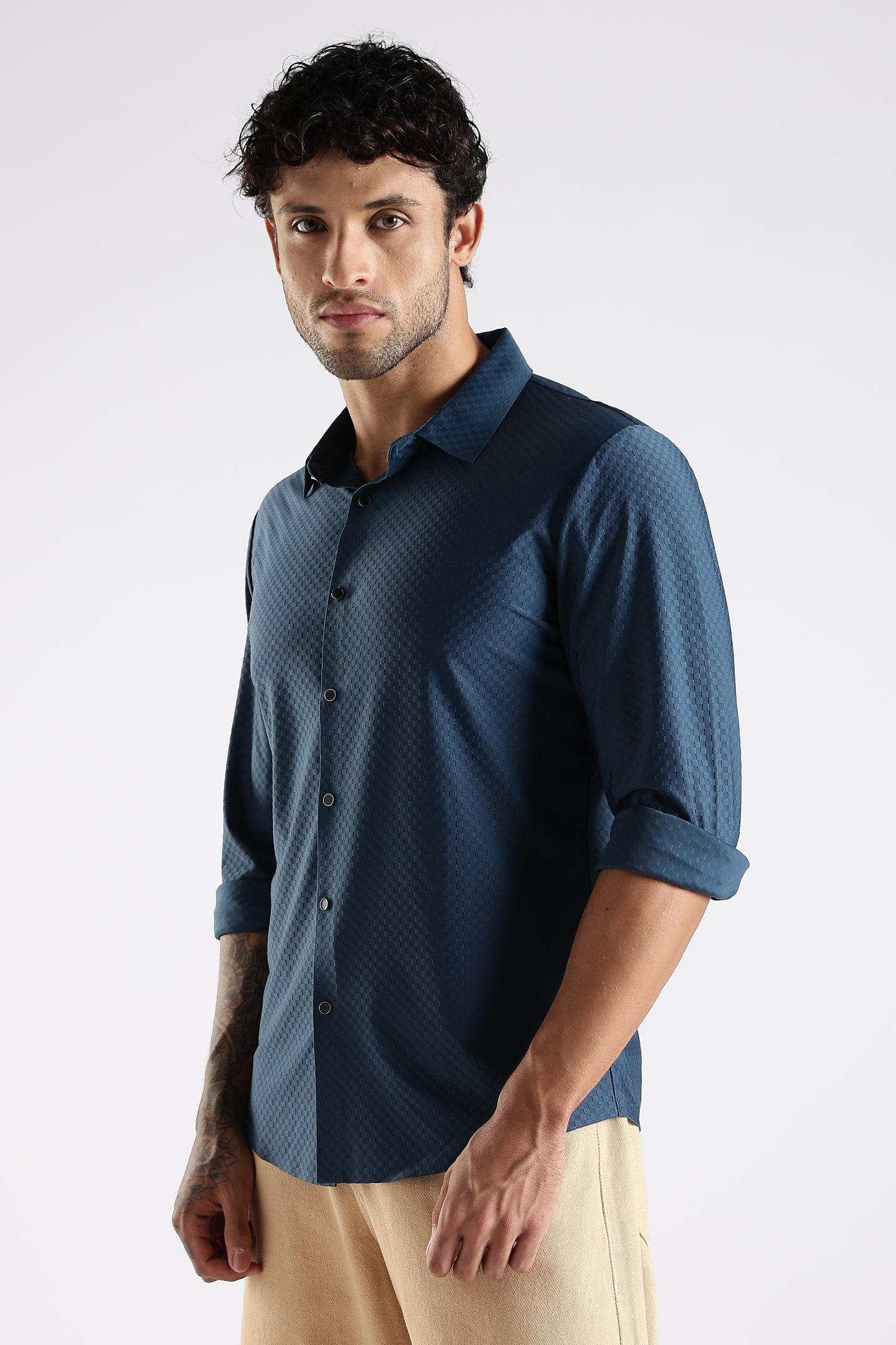 Regular Fit Stitchless Imported Designer Teal Blue Shirt