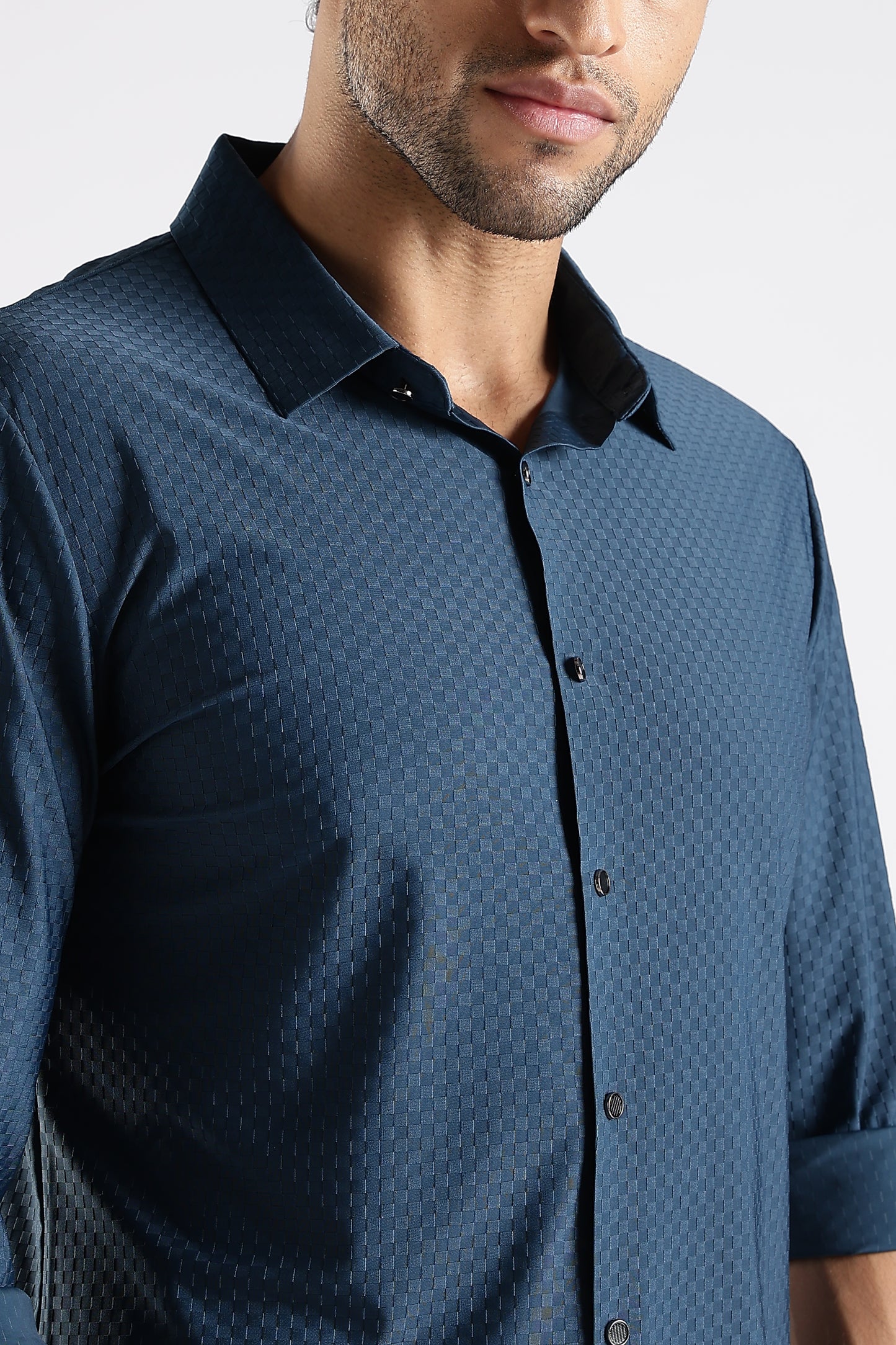 Regular Fit Stitchless Imported Designer Teal Blue Shirt