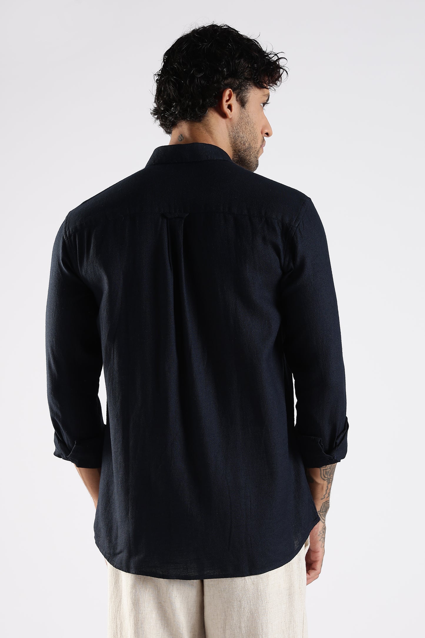 Regular Fit Embroidery Linen Blend Designer Dark Navy Blue Shirt