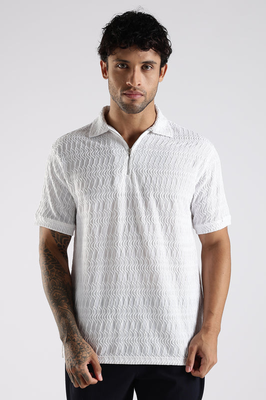Regular Fit Jackuard Textured Zipper Polo White Tshirt