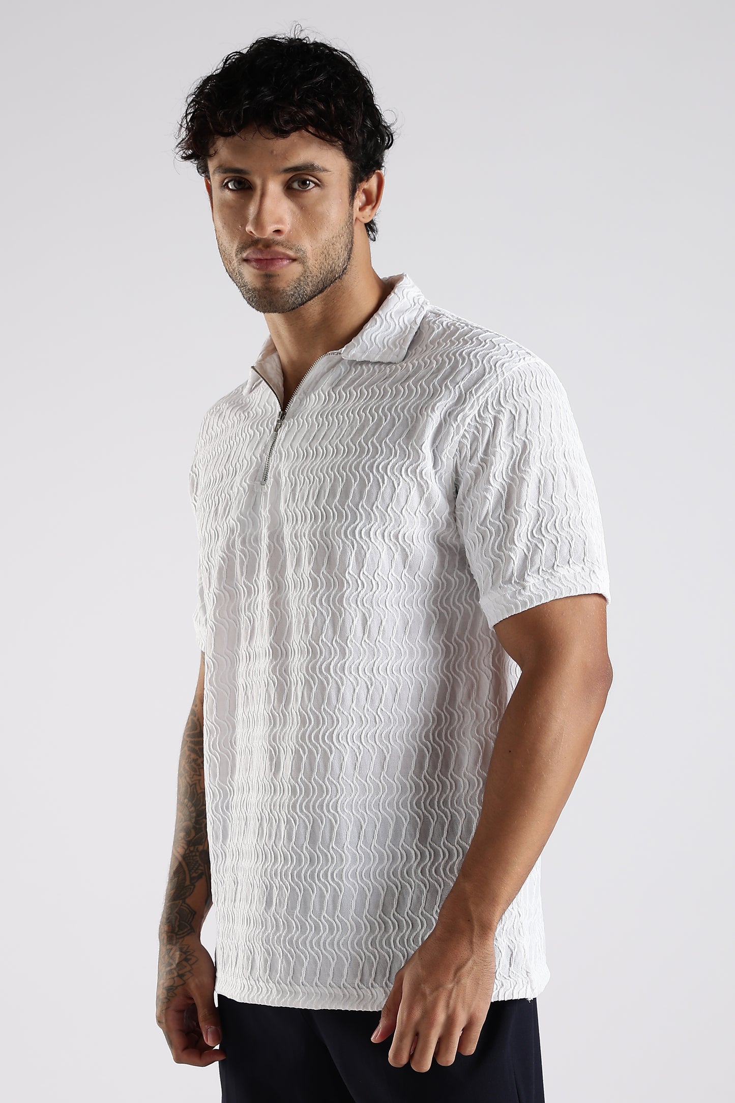Regular Fit Jackuard Textured Zipper Polo White Tshirt