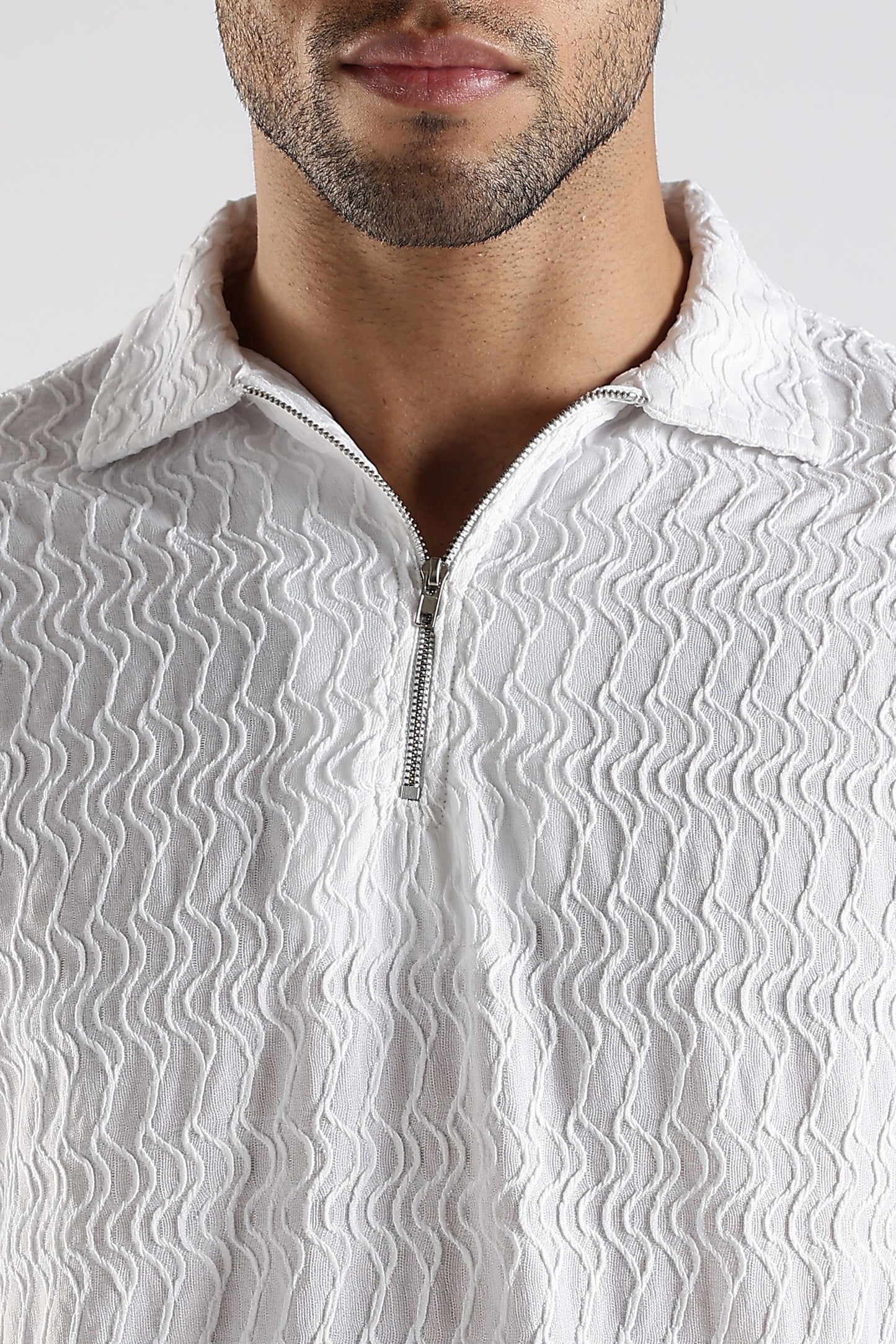 Regular Fit Jackuard Textured Zipper Polo White Tshirt