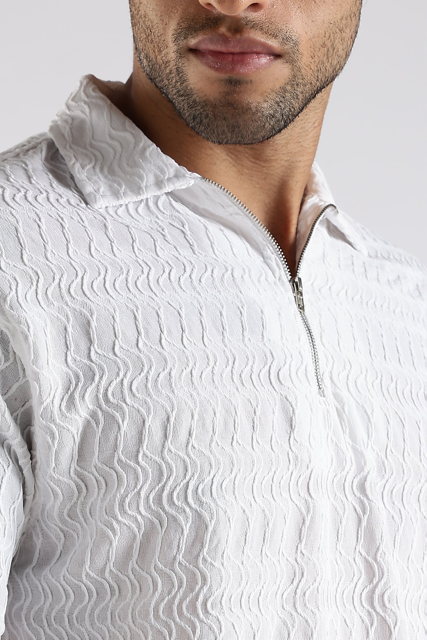 Regular Fit Jackuard Textured Zipper Polo White Tshirt