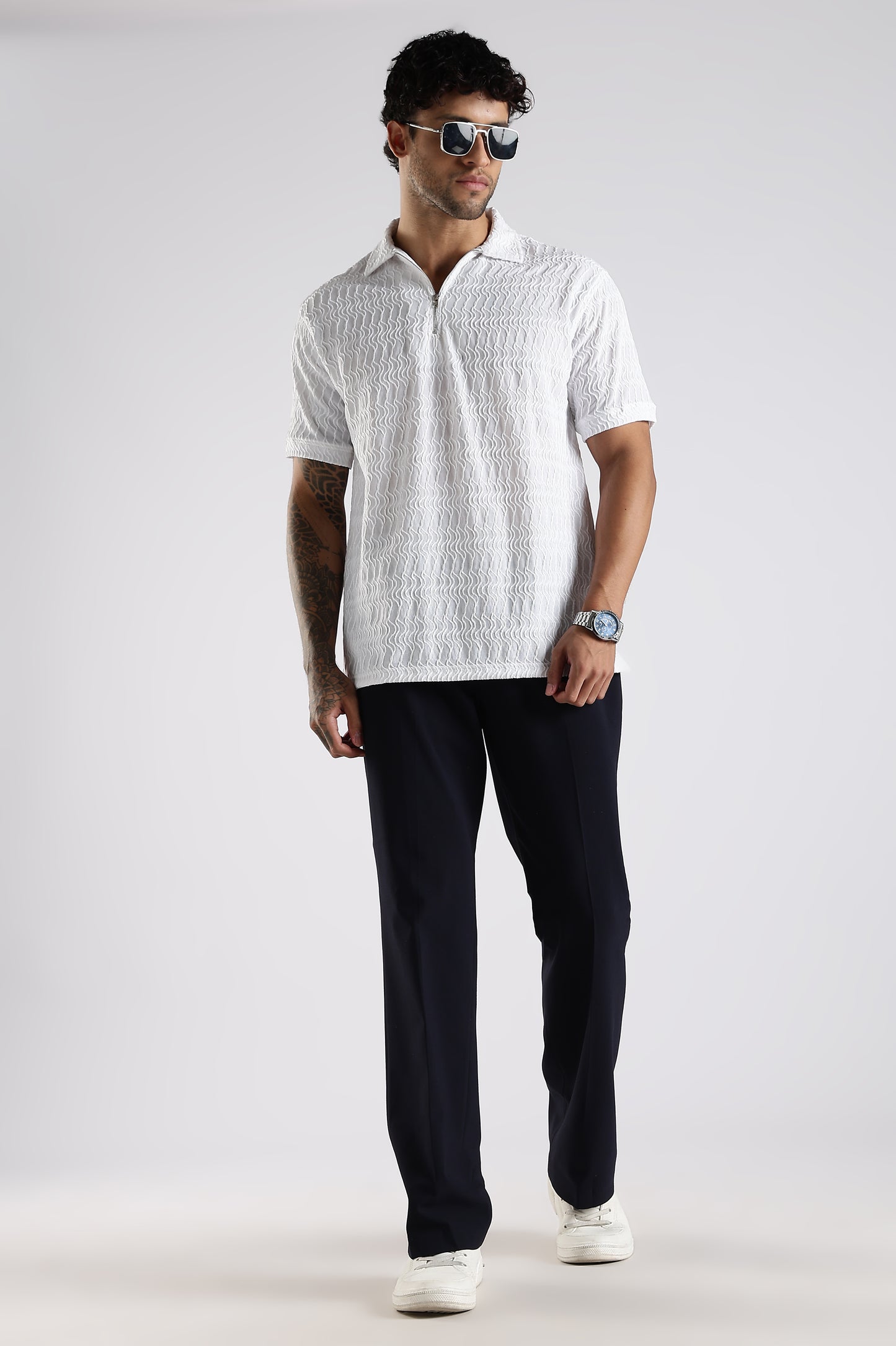 Regular Fit Jackuard Textured Zipper Polo White Tshirt