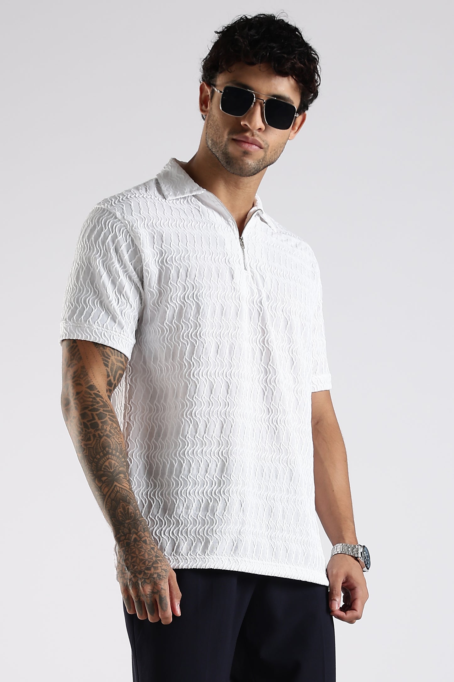 Regular Fit Jackuard Textured Zipper Polo White Tshirt