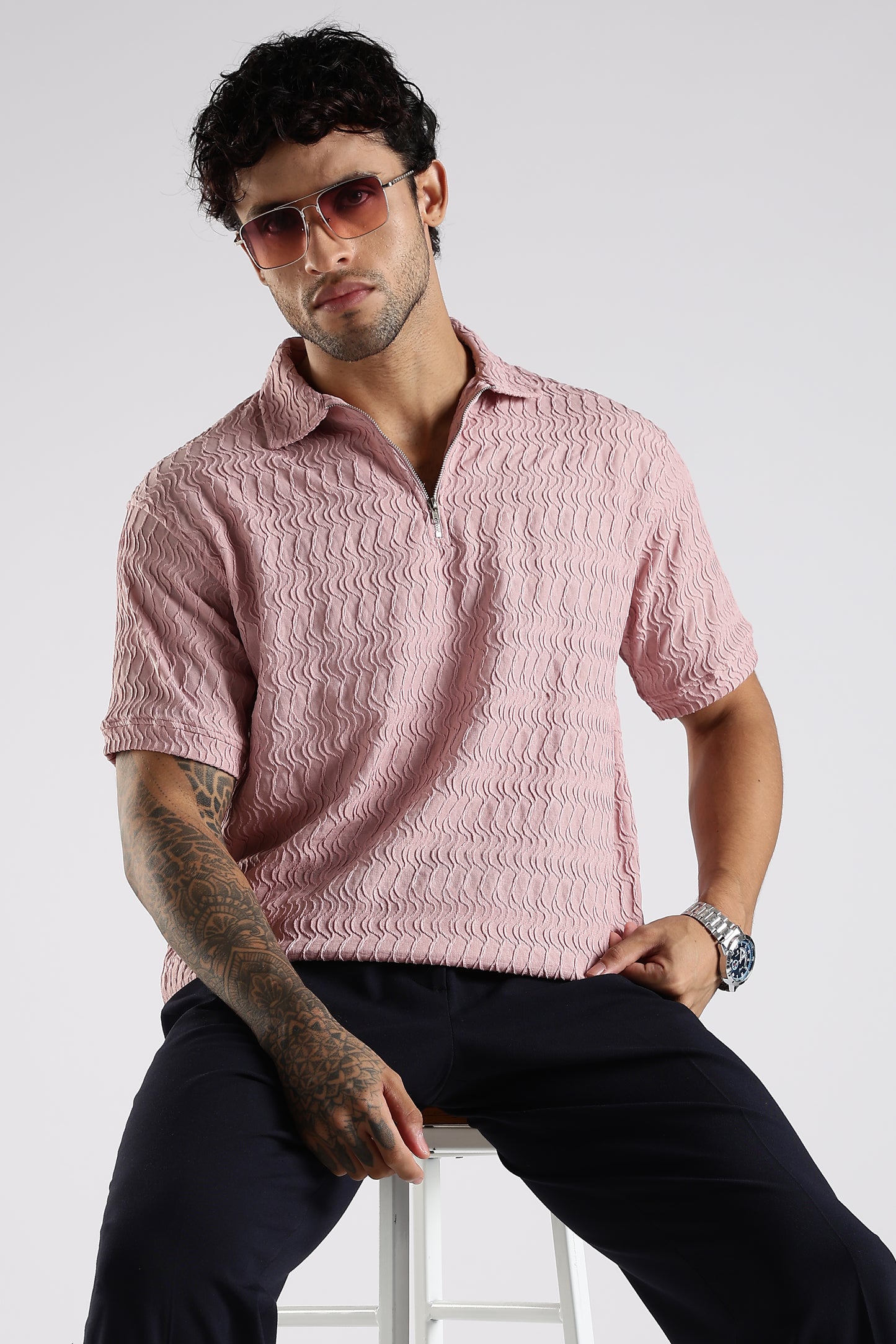 Regular Fit Jackuard Textured Zipper Polo Light Pink Tshirt