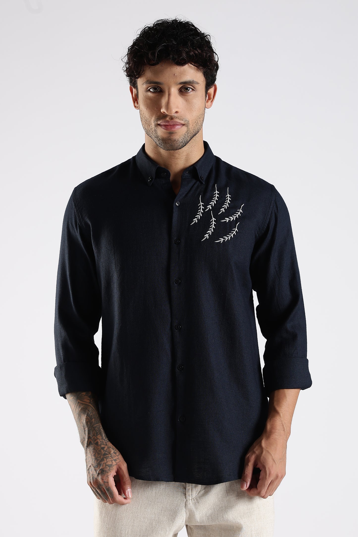 Regular Fit Embroidery Linen Blend Designer Dark Navy Blue Shirt