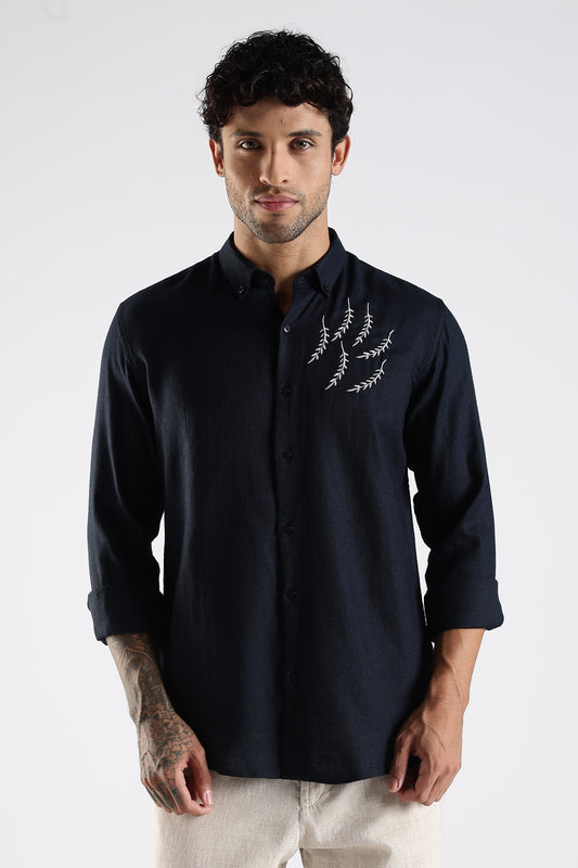 Regular Fit Embroidery Linen Blend Designer Dark Navy Blue Shirt