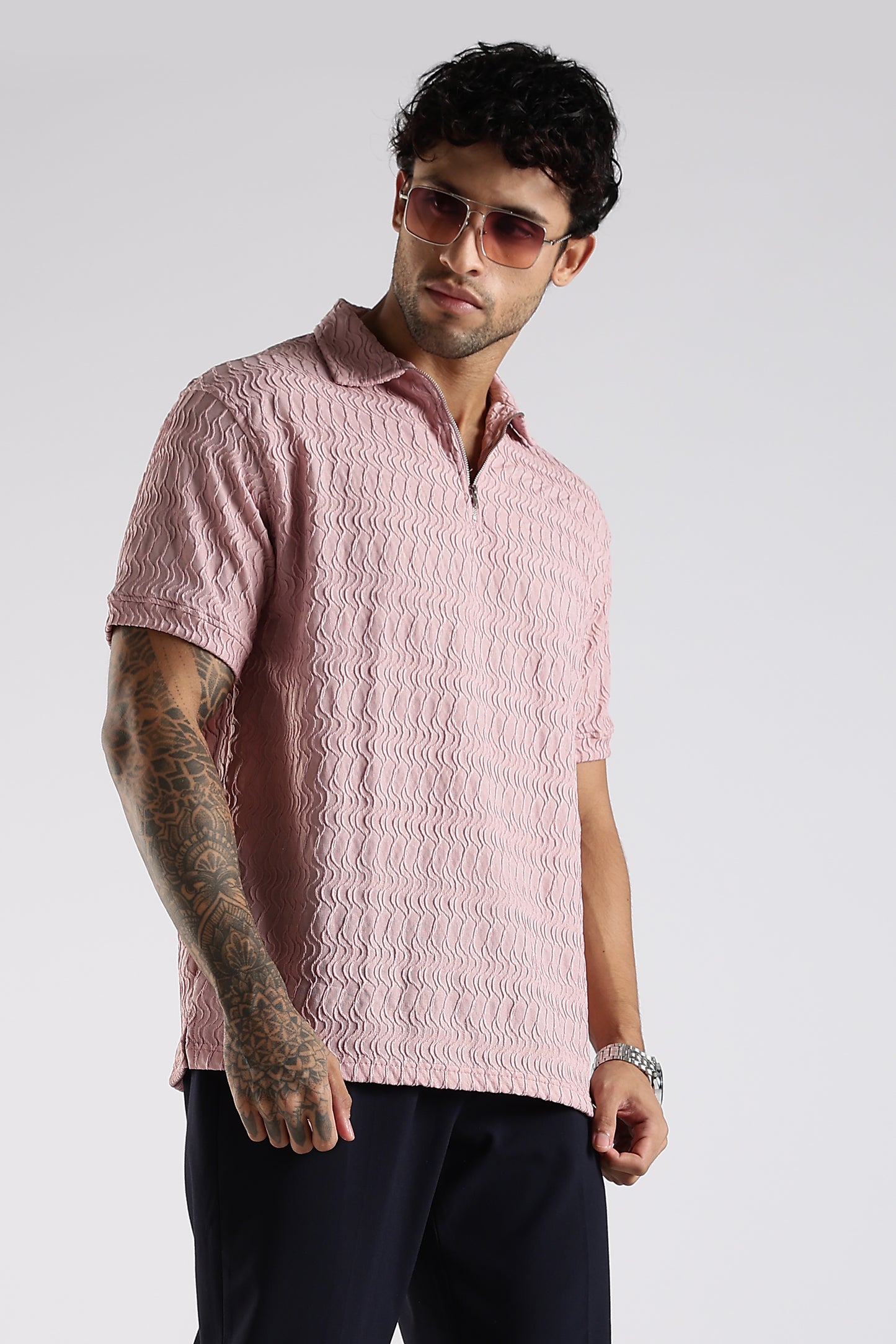 Regular Fit Jackuard Textured Zipper Polo Light Pink Tshirt