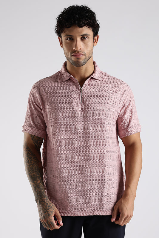 Regular Fit Jackuard Textured Zipper Polo Light Pink Tshirt