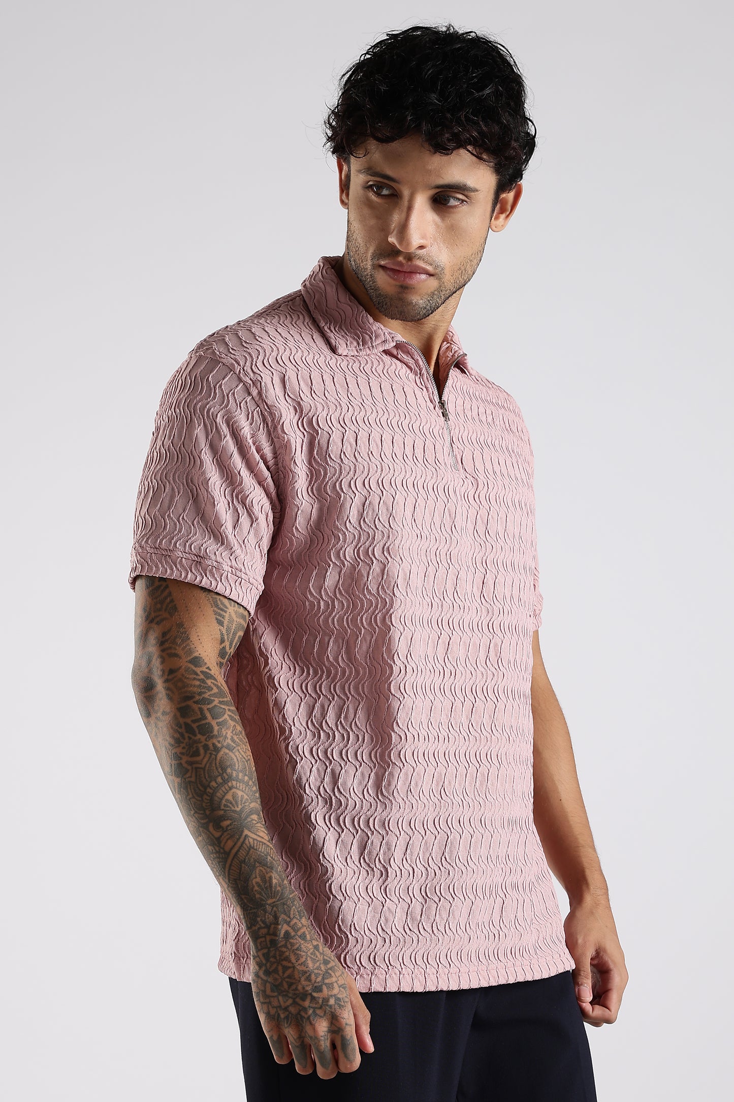 Regular Fit Jackuard Textured Zipper Polo Light Pink Tshirt