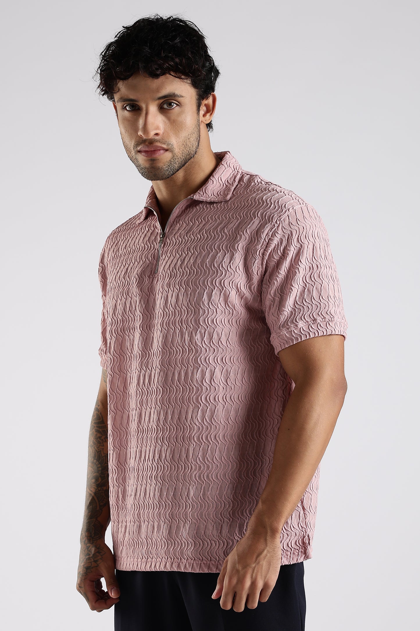 Regular Fit Jackuard Textured Zipper Polo Light Pink Tshirt