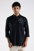 Regular Fit Embroidery Linen Blend Designer Dark Navy Blue Shirt