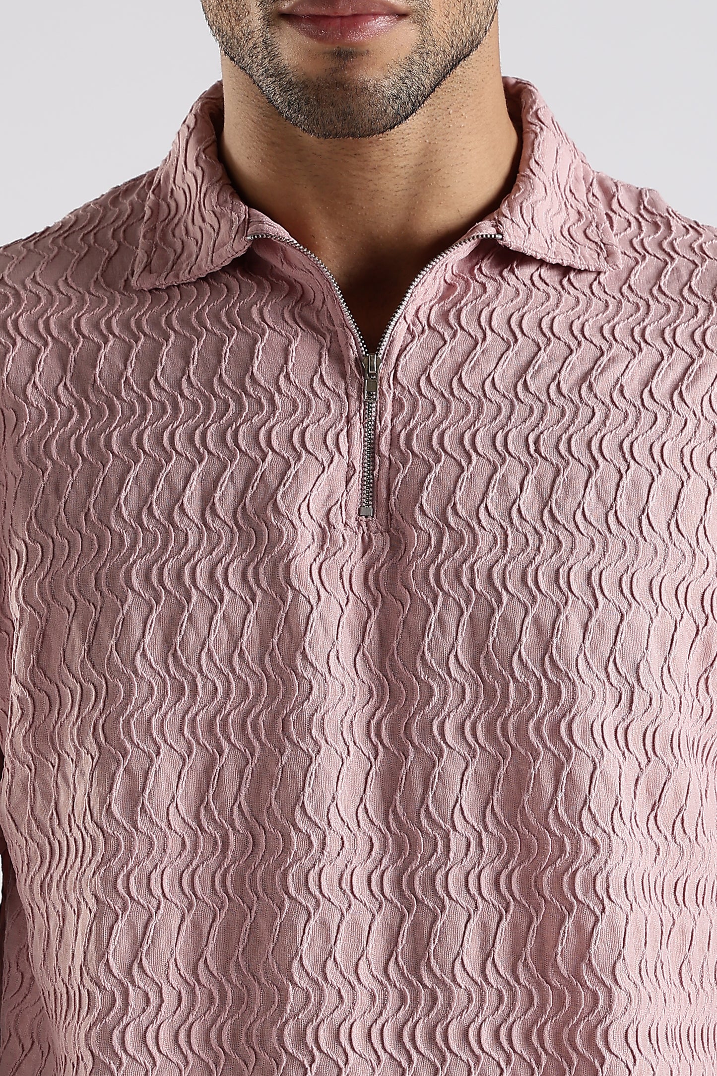Regular Fit Jackuard Textured Zipper Polo Light Pink Tshirt