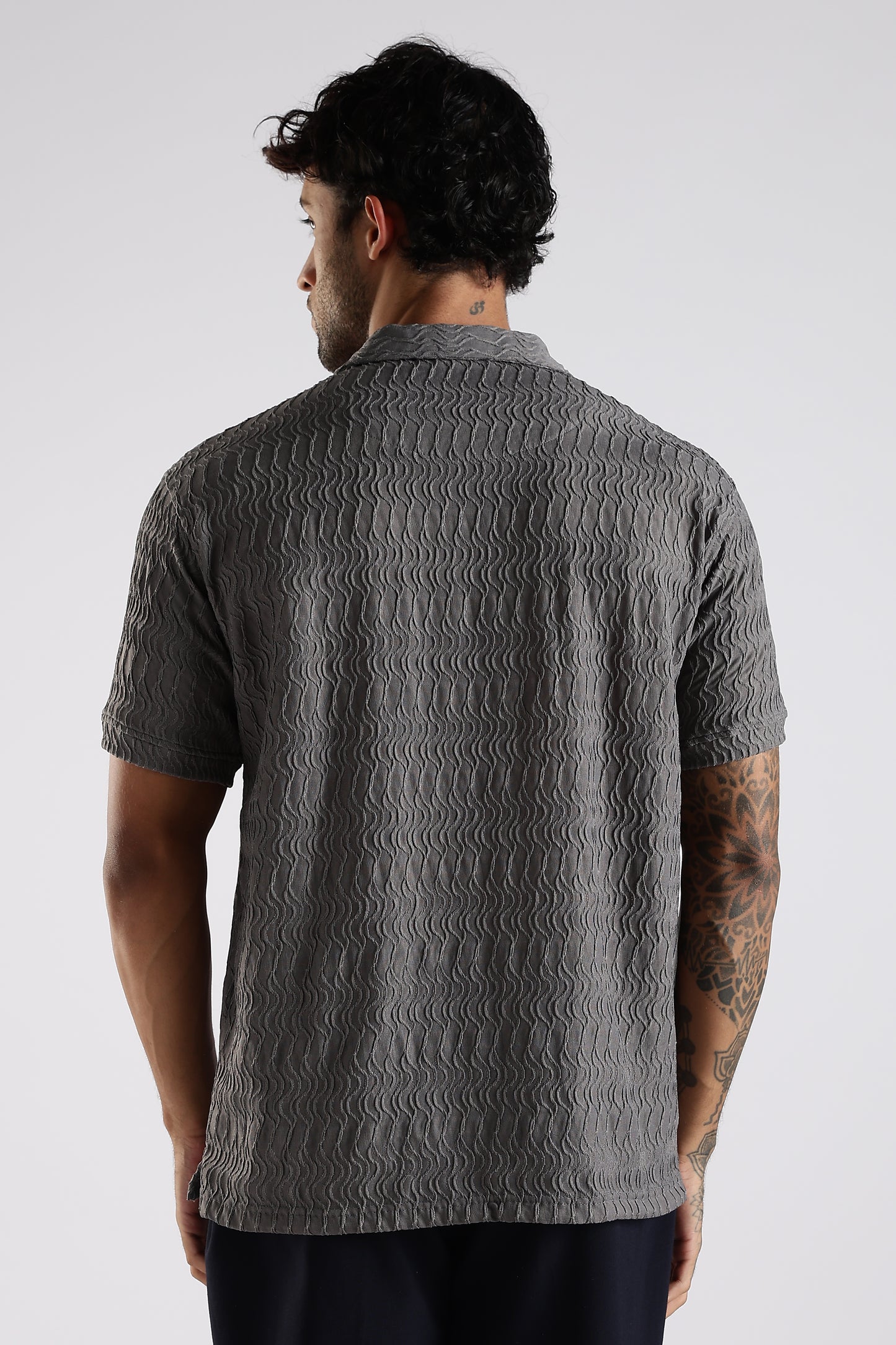 Regular Fit Jackuard Textured Zipper Polo Grey Textured Tshirt