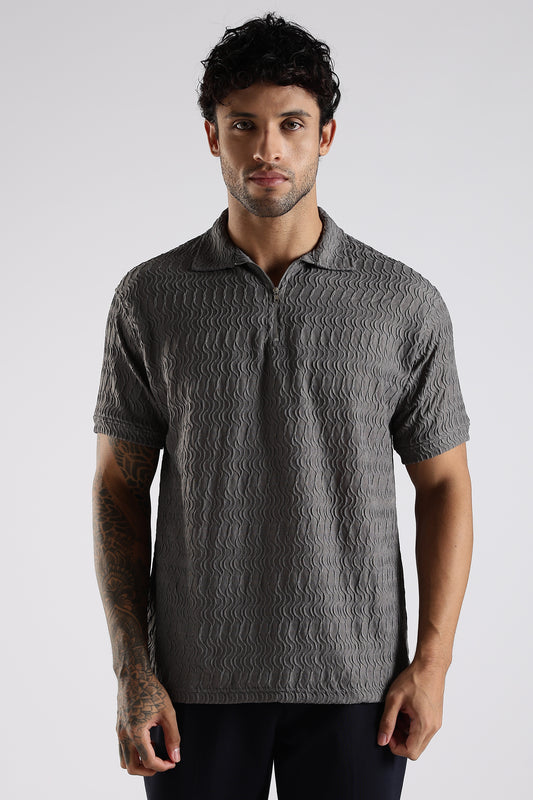 Regular Fit Jackuard Textured Zipper Polo Grey Textured Tshirt