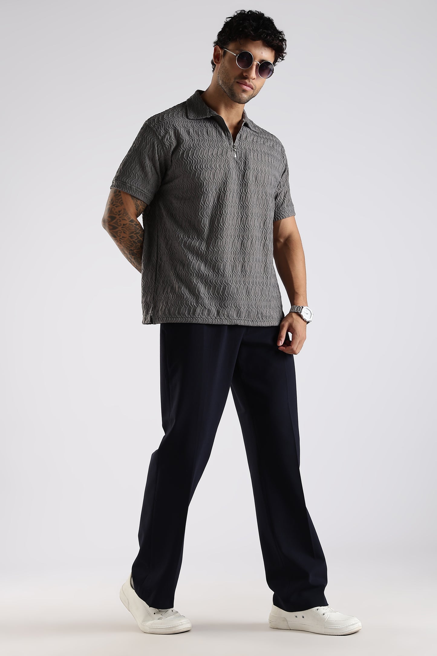 Regular Fit Jackuard Textured Zipper Polo Grey Textured Tshirt