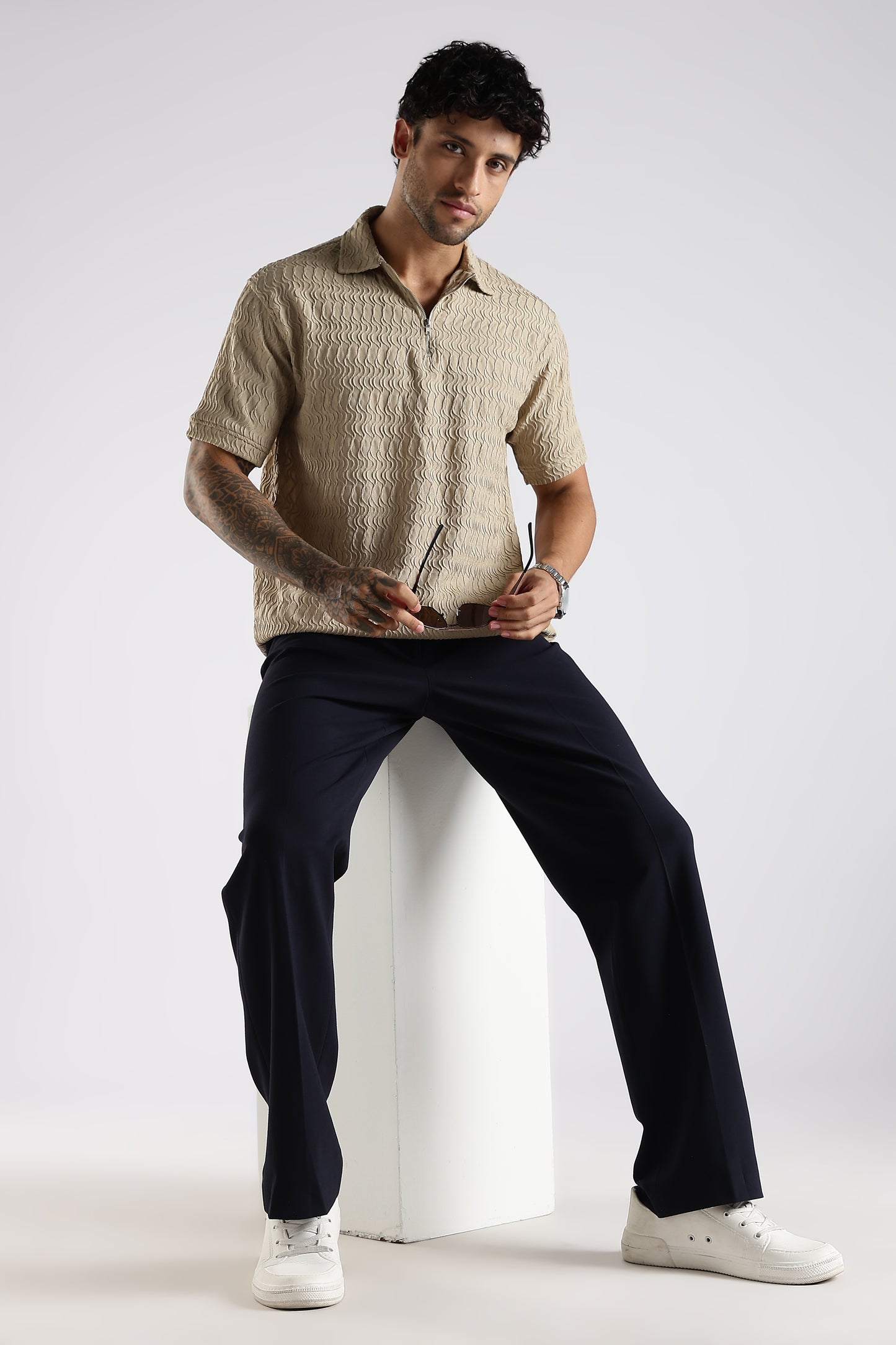 Regular Fit Jackuard Textured Zipper Polo Beige Tshirt