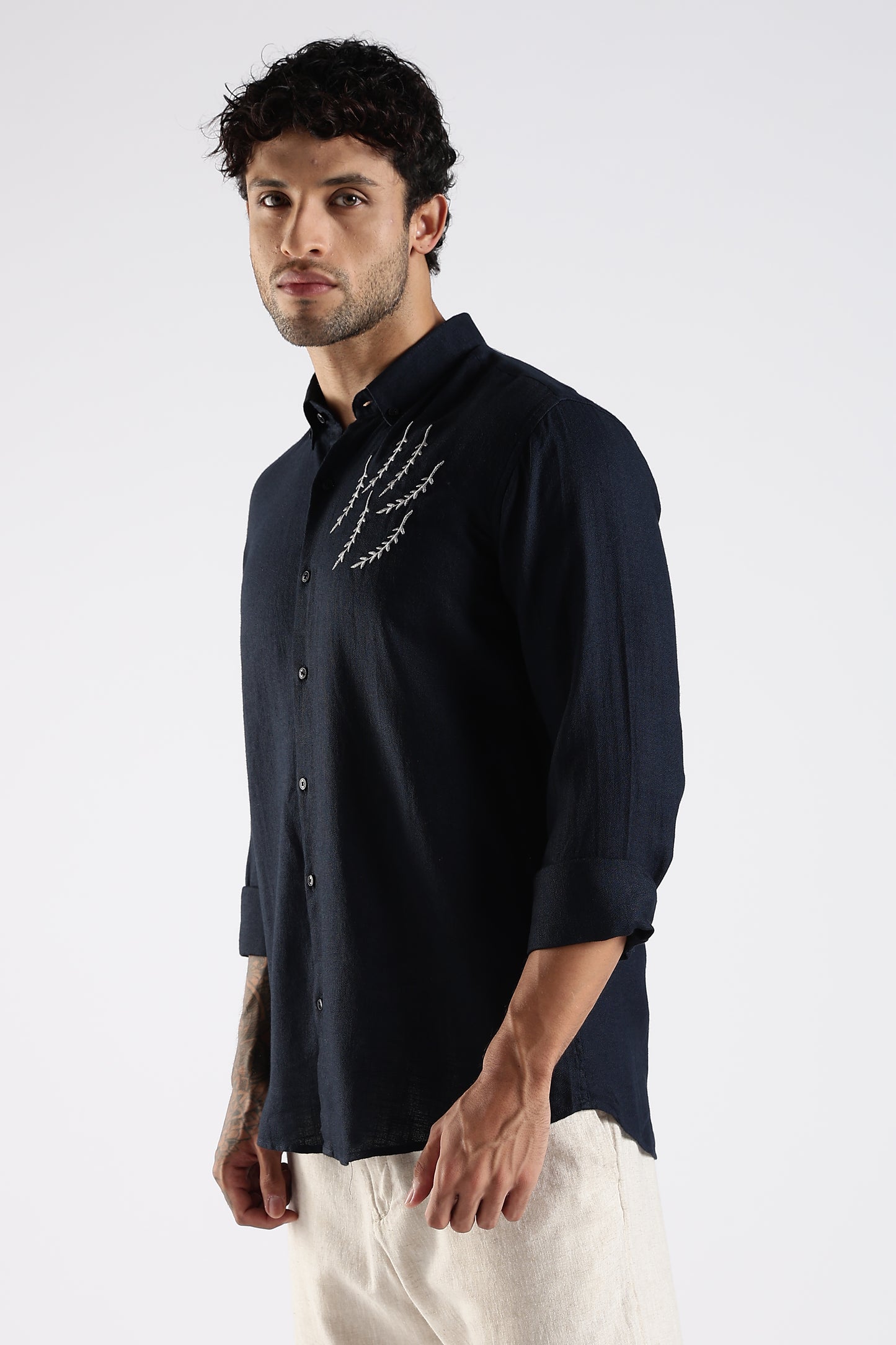 Regular Fit Embroidery Linen Blend Designer Dark Navy Blue Shirt