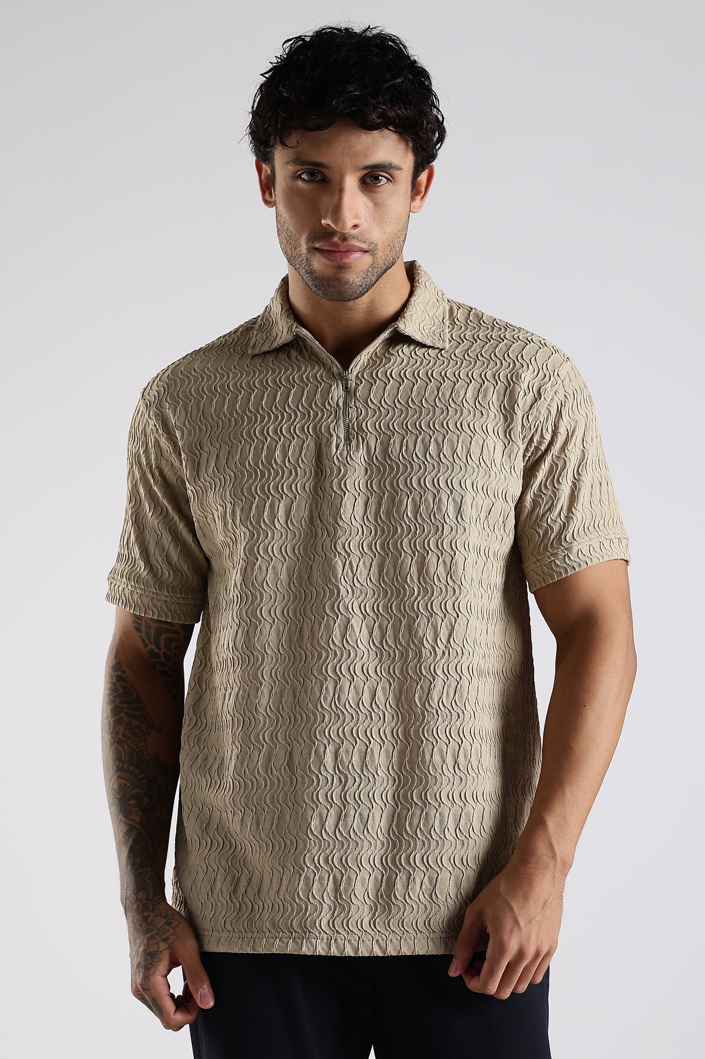 Regular Fit Jackuard Textured Zipper Polo Beige Tshirt