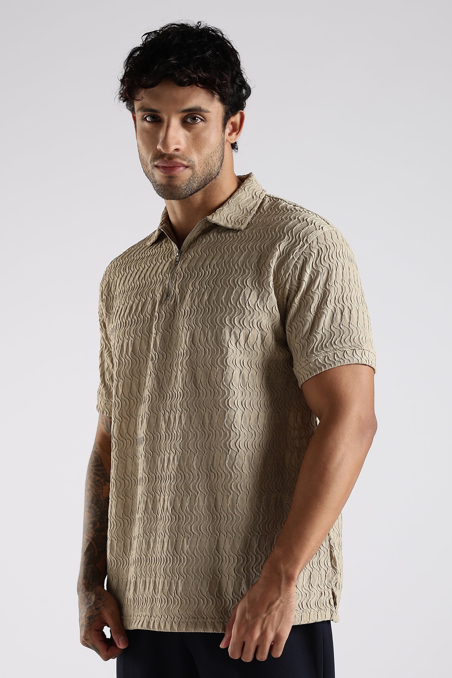 Regular Fit Jackuard Textured Zipper Polo Beige Tshirt