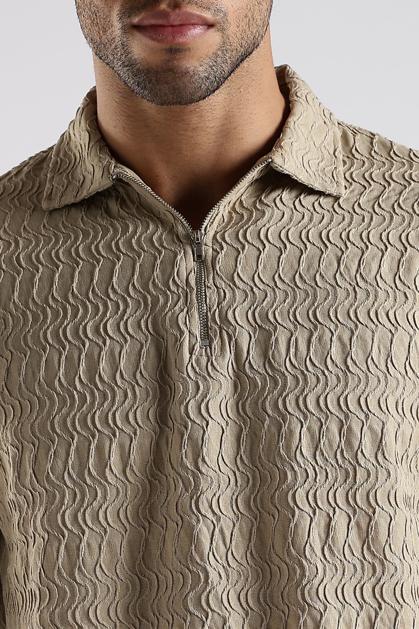 Regular Fit Jackuard Textured Zipper Polo Beige Tshirt