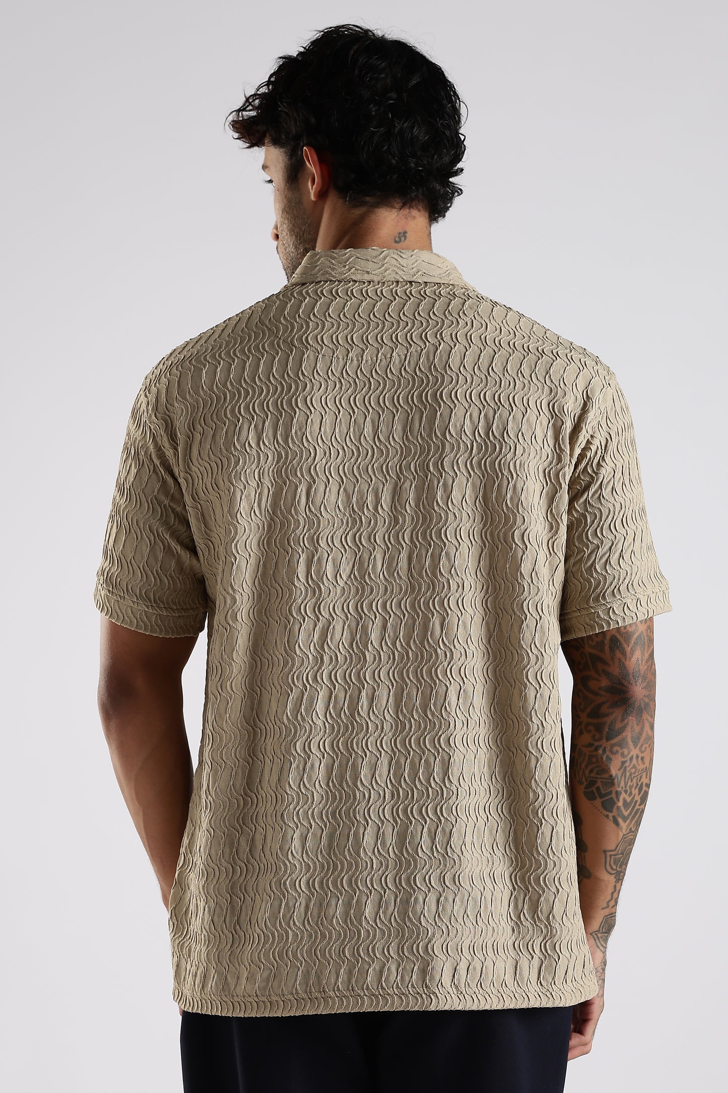 Regular Fit Jackuard Textured Zipper Polo Beige Tshirt