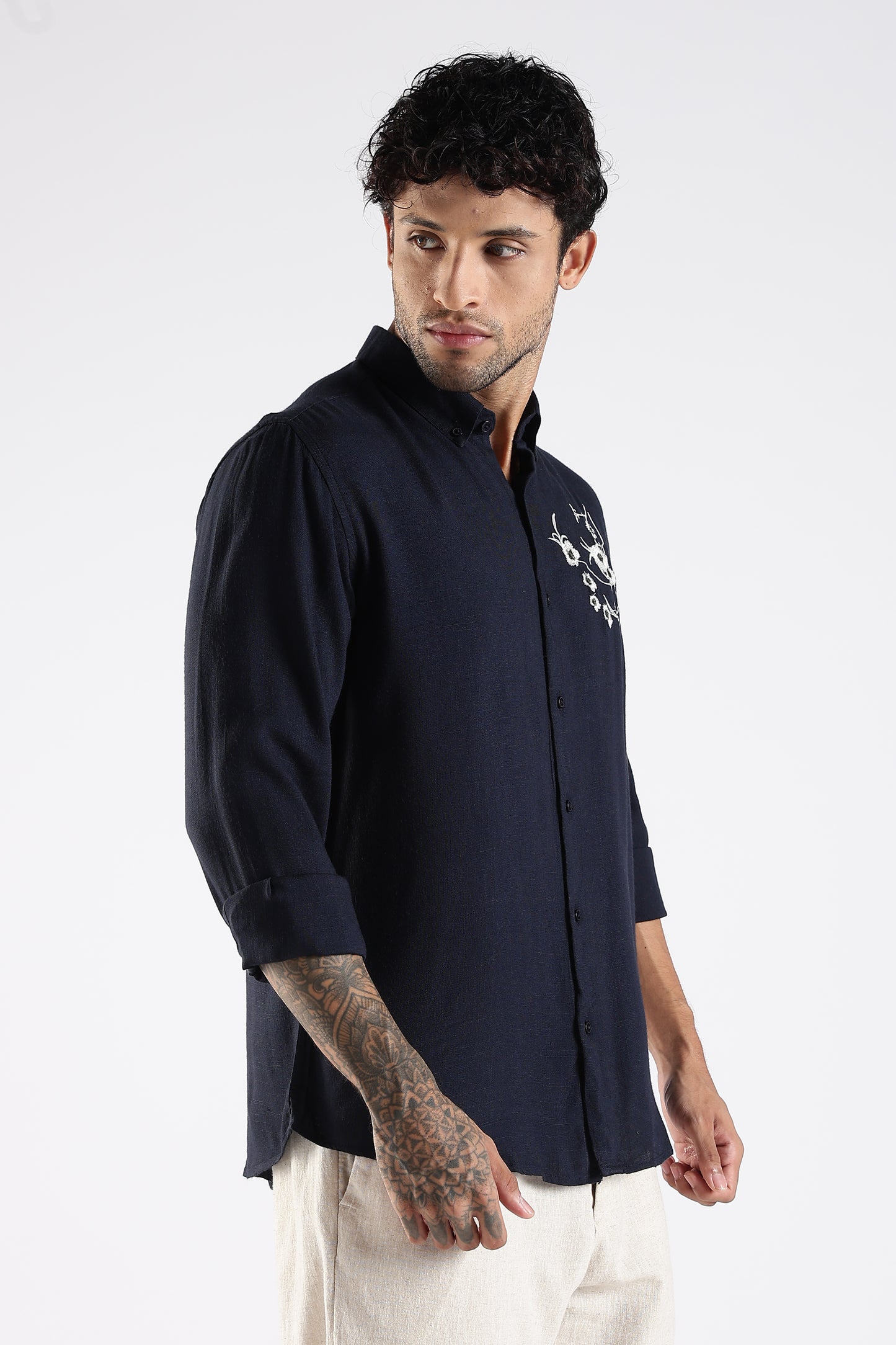 Regular Fit Embroidery Linen Blend  Dark Navy Blue Designer Shirt