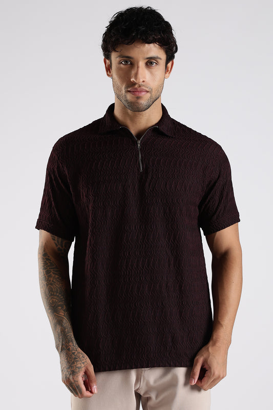 Regular Fit Jackuard Textured Zipper Polo Dark Maroon Tshirt