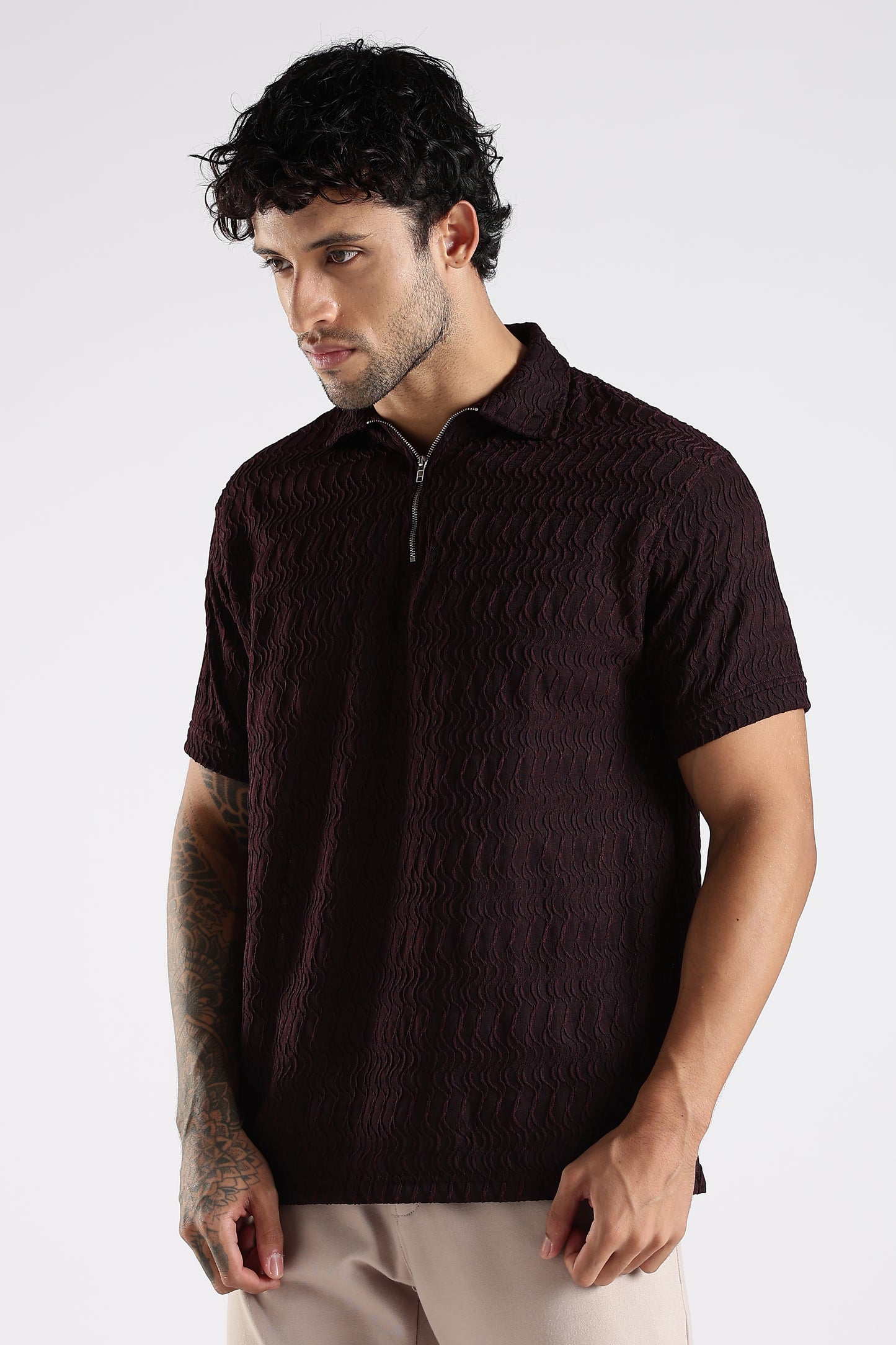 Regular Fit Jackuard Textured Zipper Polo Dark Maroon Tshirt