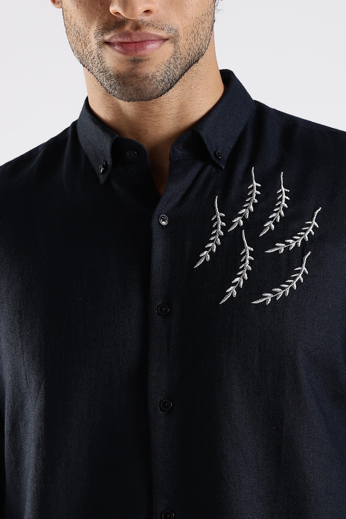 Regular Fit Embroidery Linen Blend Designer Dark Navy Blue Shirt