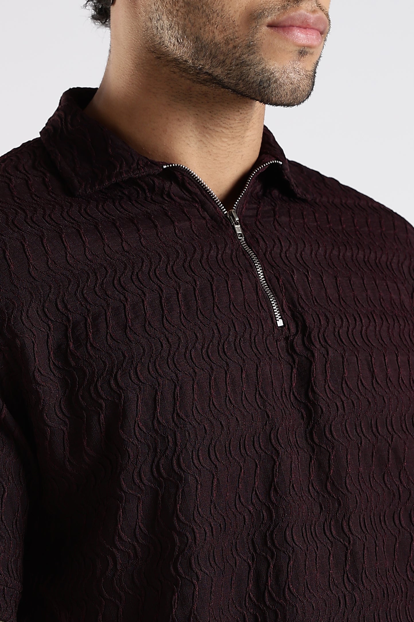 Regular Fit Jackuard Textured Zipper Polo Dark Maroon Tshirt