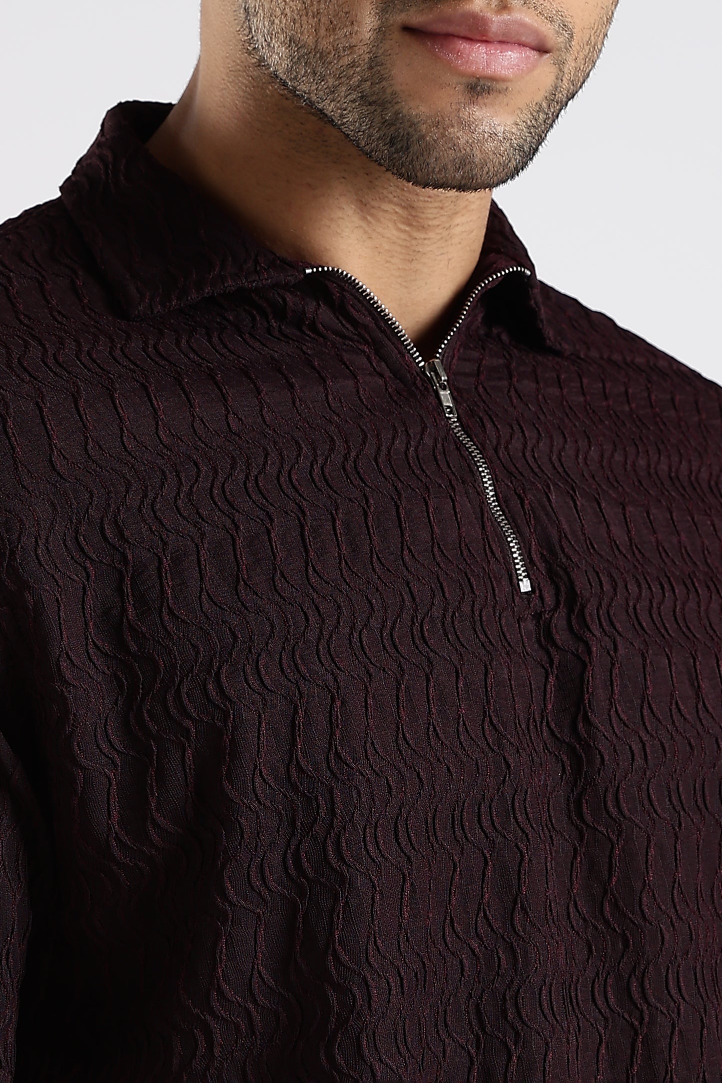 Regular Fit Jackuard Textured Zipper Polo Dark Maroon Tshirt