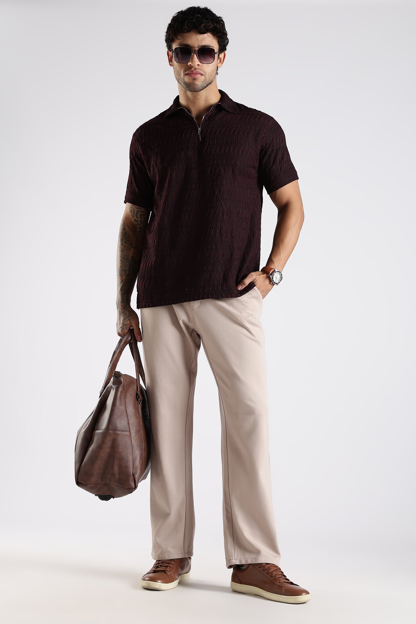 Regular Fit Jackuard Textured Zipper Polo Dark Maroon Tshirt