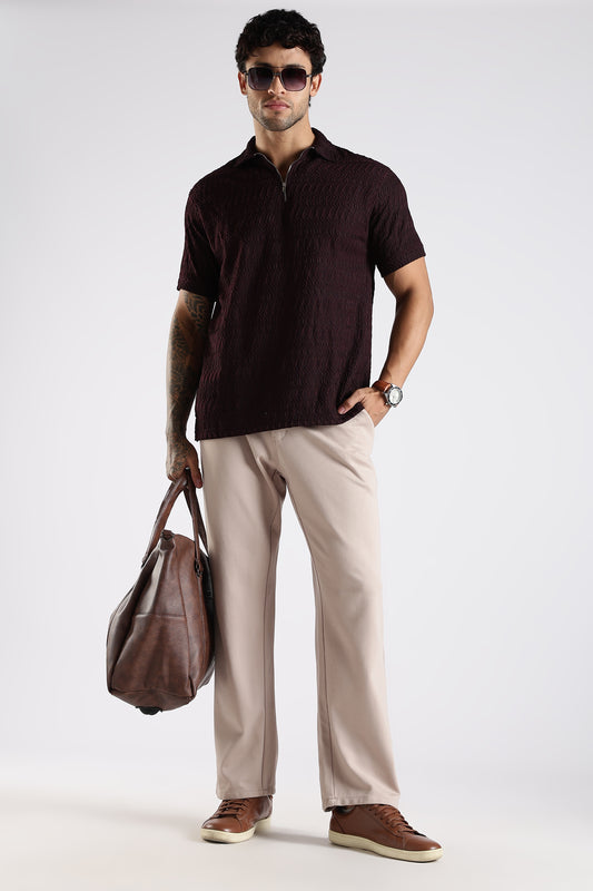 Regular Fit Jackuard Textured Zipper Polo Dark Maroon Tshirt