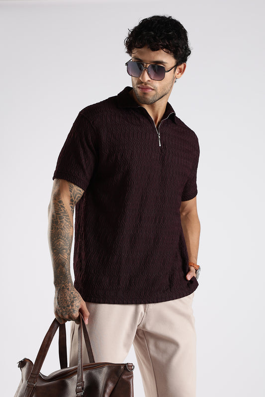 Regular Fit Jackuard Textured Zipper Polo Dark Maroon Tshirt