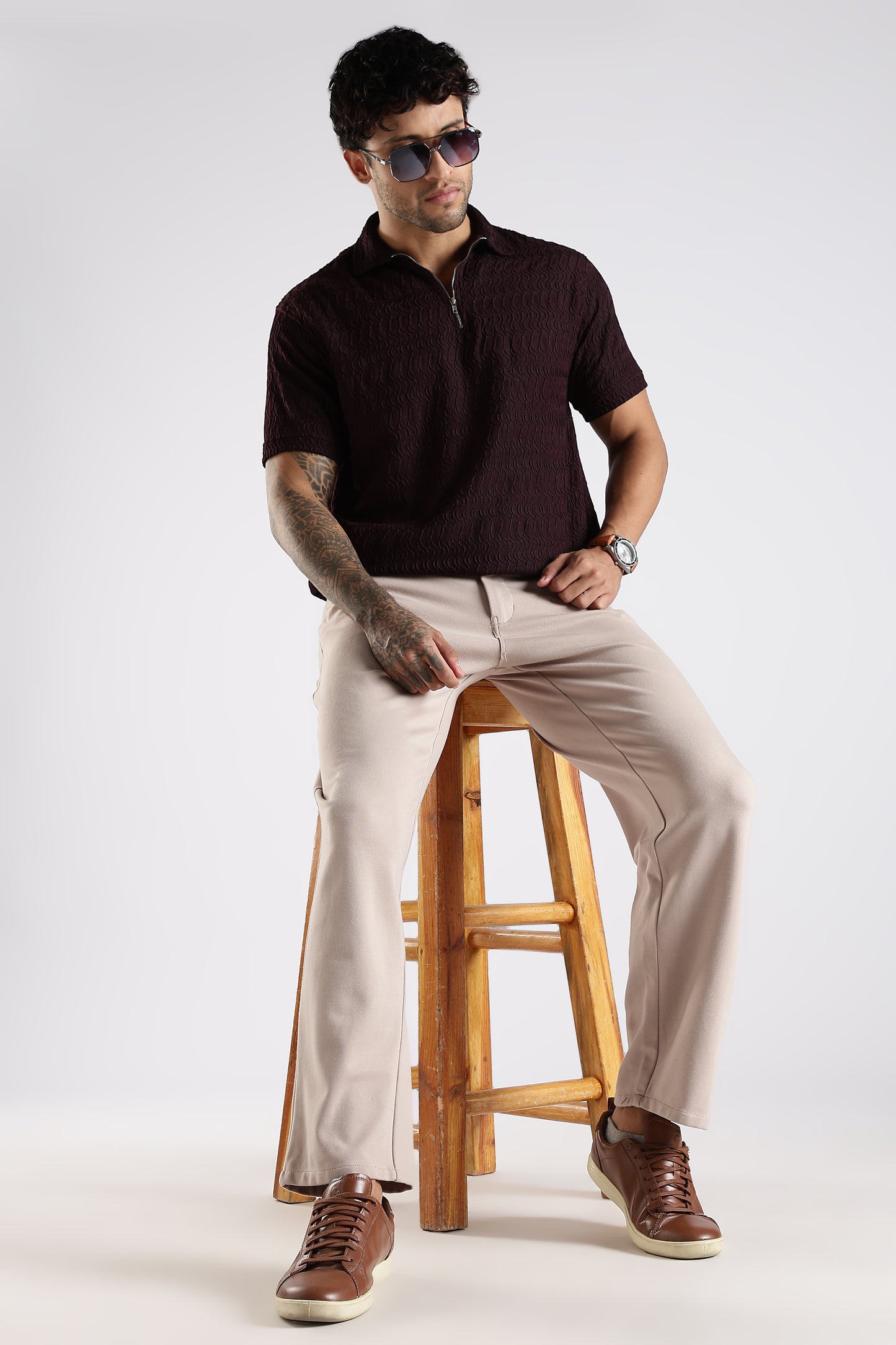 Regular Fit Jackuard Textured Zipper Polo Dark Maroon Tshirt