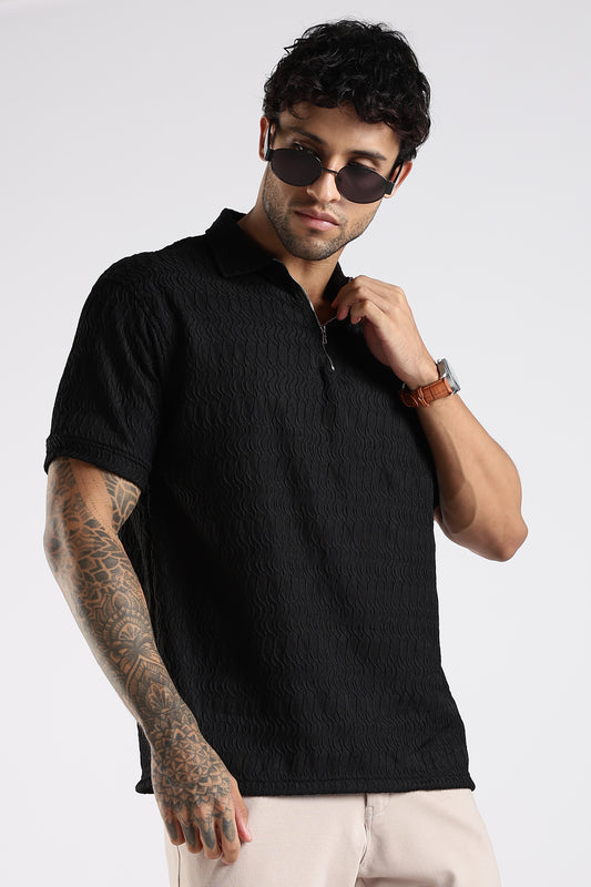 Regular Fit Jackuard Textured Zipper Polo Black Textured Tshirt