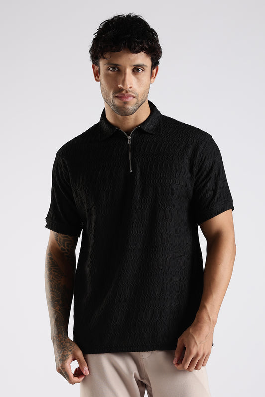 Regular Fit Jackuard Textured Zipper Polo Black Textured Tshirt