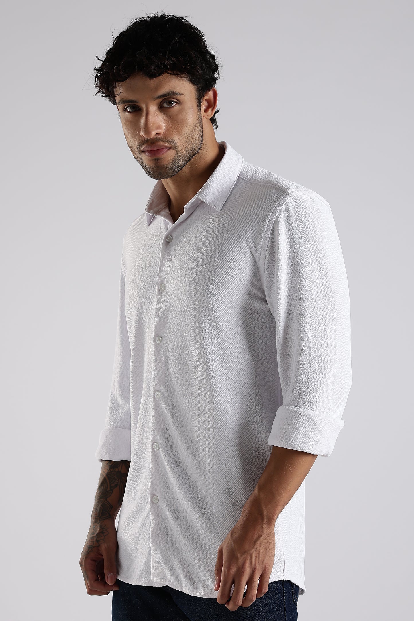 Regular Fit Textured Jacquard Fabric White Shirt