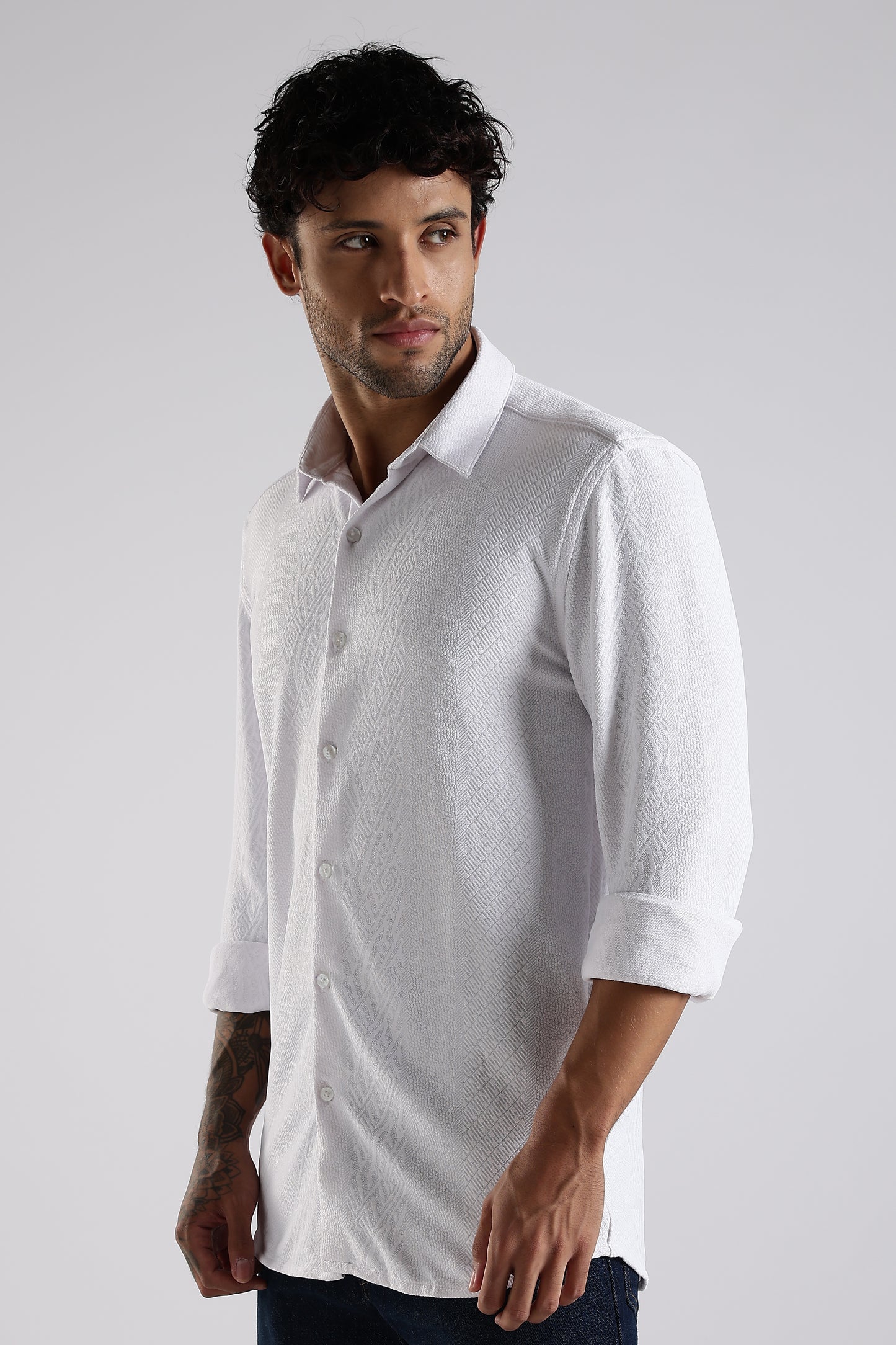 Regular Fit Textured Jacquard Fabric White Shirt