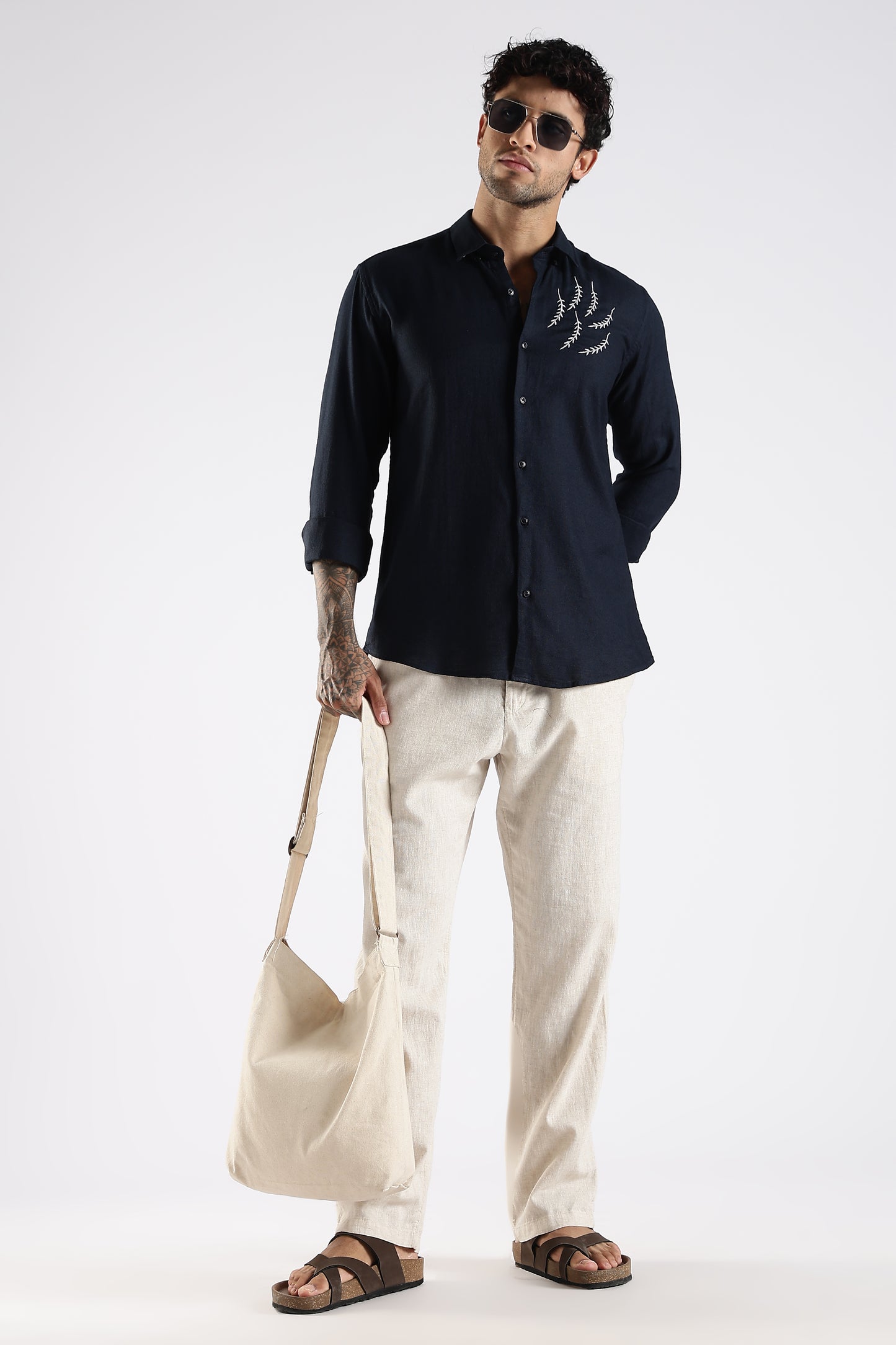 Regular Fit Embroidery Linen Blend Designer Dark Navy Blue Shirt