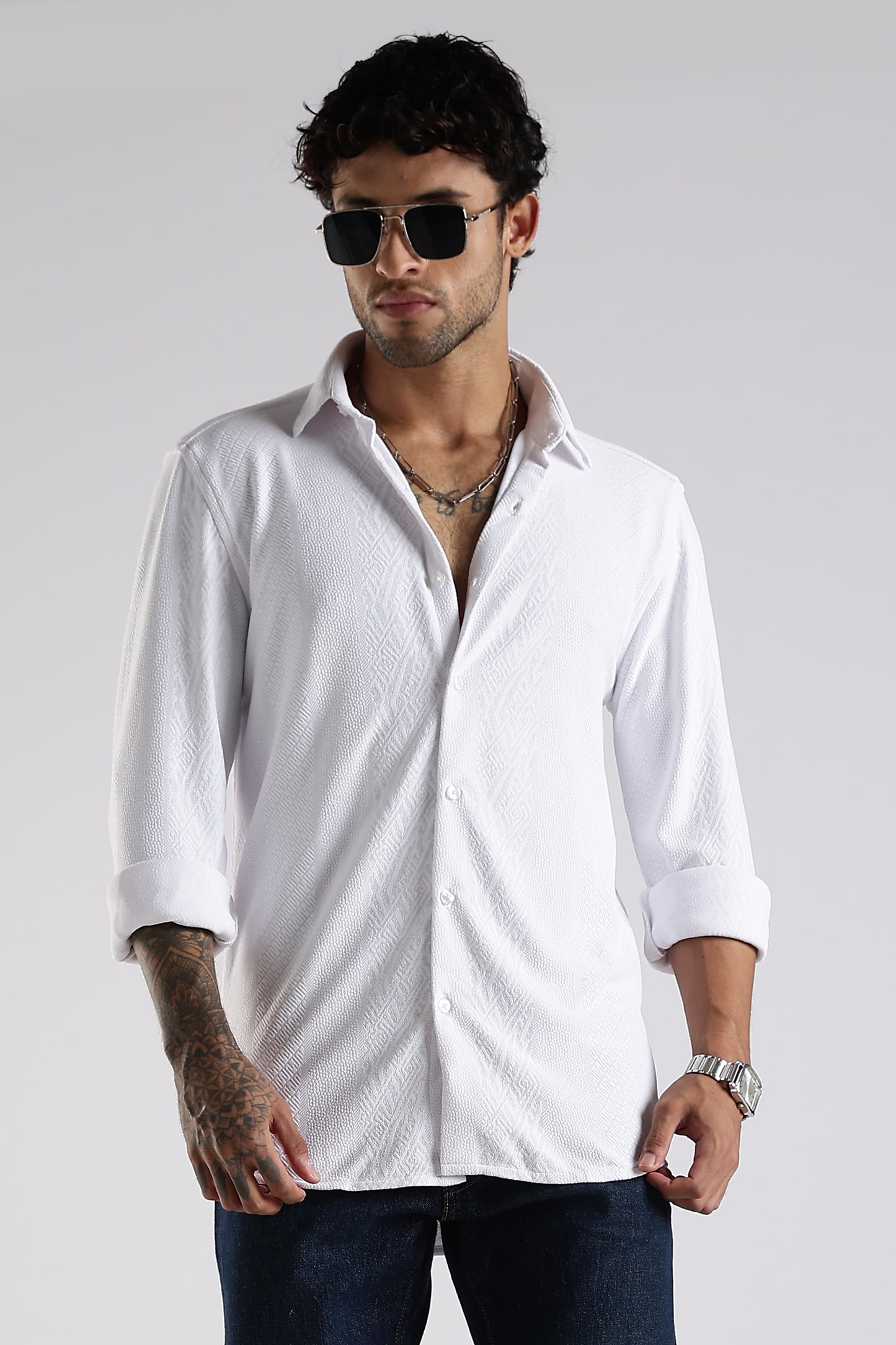 Regular Fit Textured Jacquard Fabric White Shirt