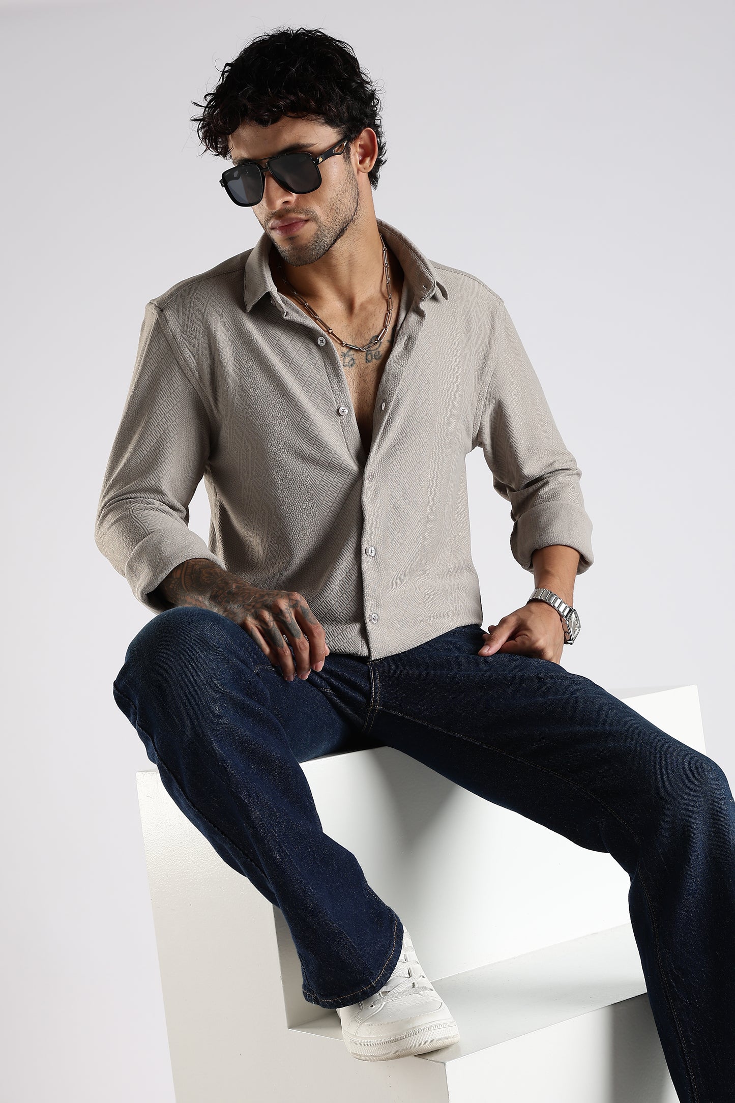 Regular Fit Textured Jacquard Fabric Beige Grey Shirt