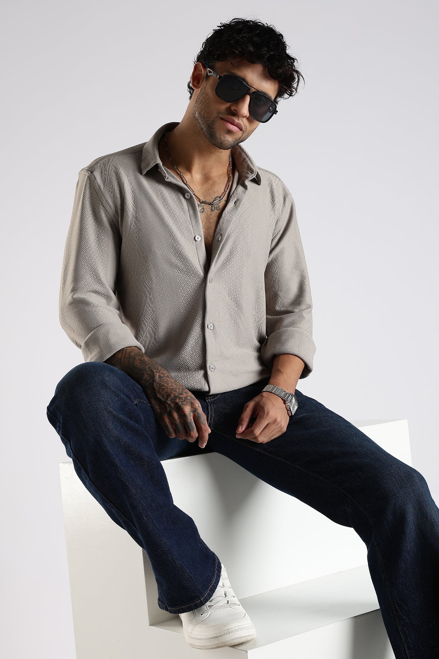Regular Fit Textured Jacquard Fabric Beige Grey Shirt