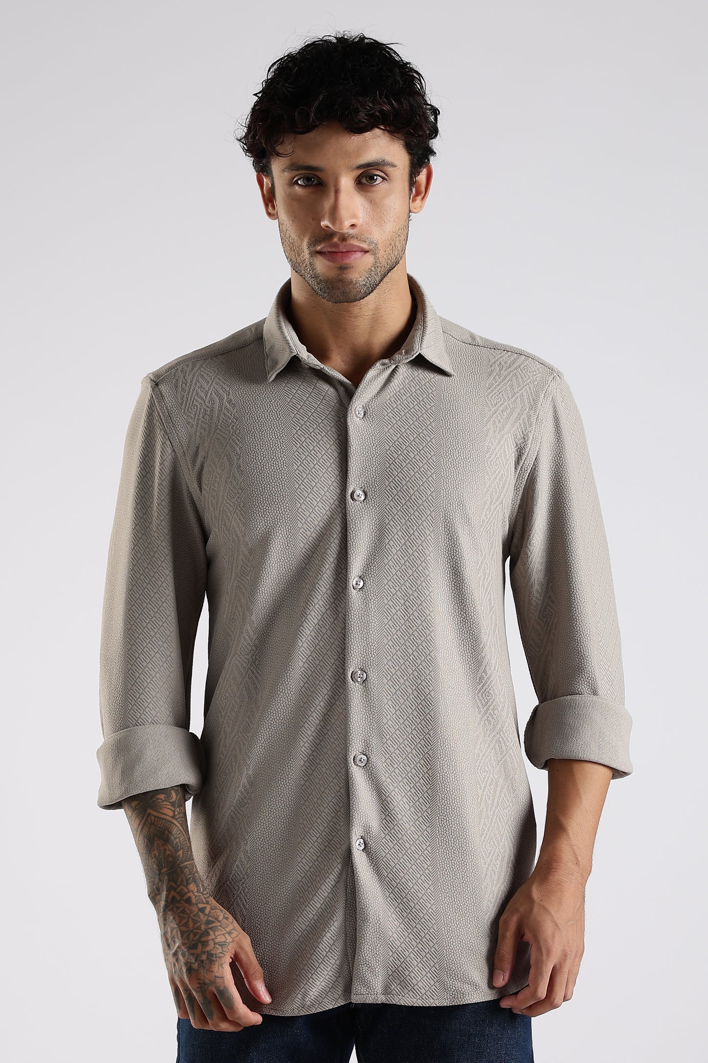 Regular Fit Textured Jacquard Fabric Beige Grey Shirt
